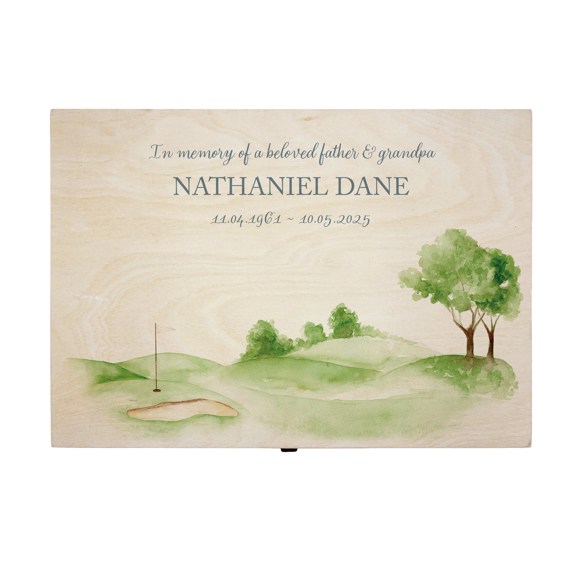 Wooden box with a decorative lid featuring illustrations of Golf Green Perfect funeral memory keepsake box, for storing ashes, order of service, flowers. capturing your loved ones favourite hobby
