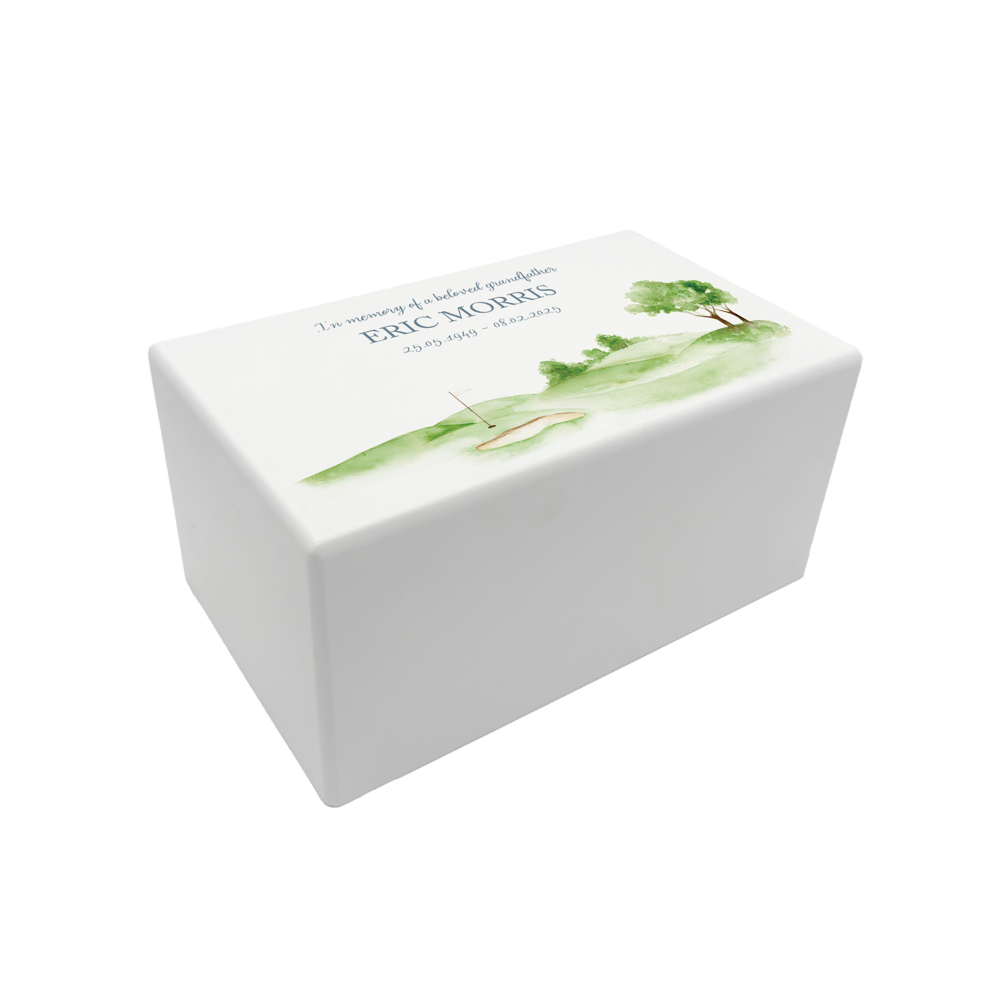 Luxury solid wooden white painted Urn featuring a Golf Green memorial, capturing your loved ones hobby. A watercolour illustration, our urns and Caskets for displaying or burying ashes. Customisable and can be personalised. Perfect funeral memory keepsake urn, for storing ashes for humans and pets.
