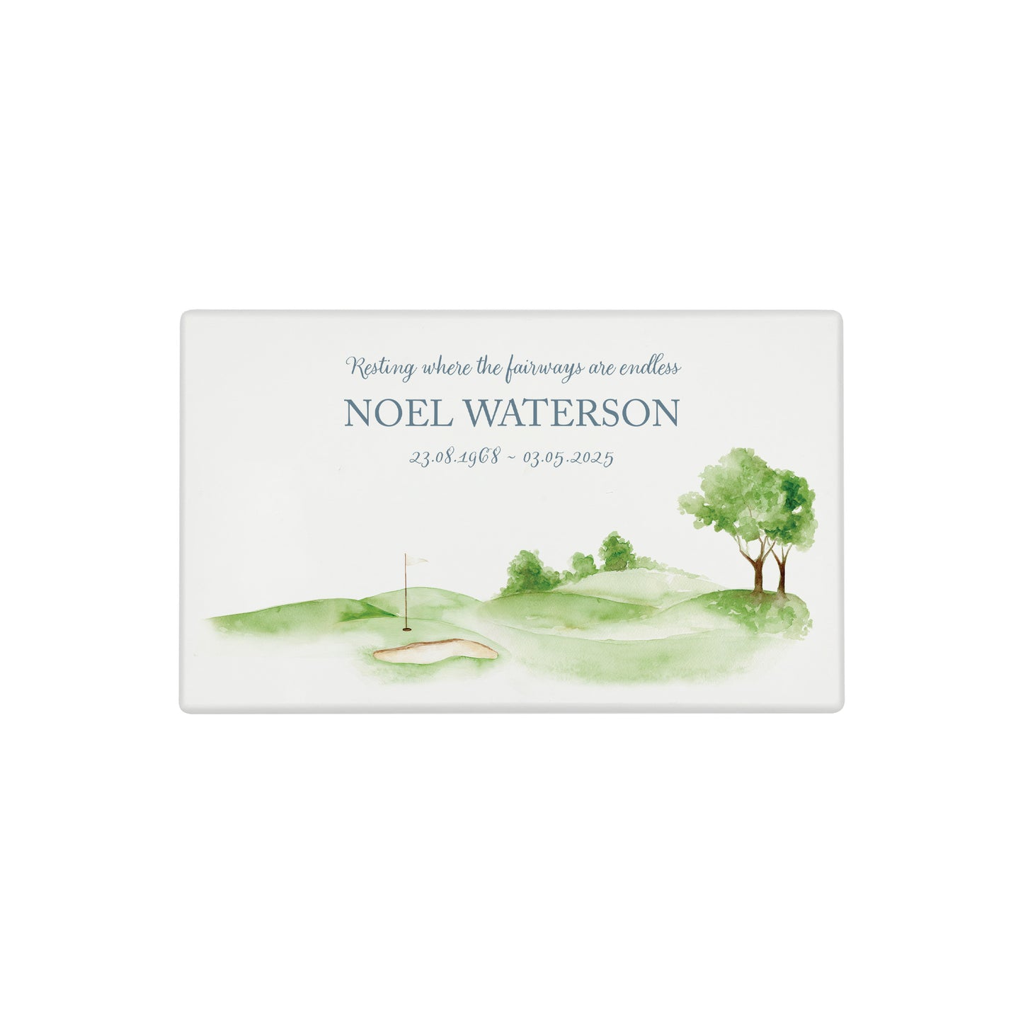 Luxury solid wooden white painted Urn featuring a Golf Green memorial, capturing your loved ones hobby. A watercolour illustration, our urns and Caskets for displaying or burying ashes. Customisable and can be personalised. Perfect funeral memory keepsake urn, for storing ashes for humans and pets.