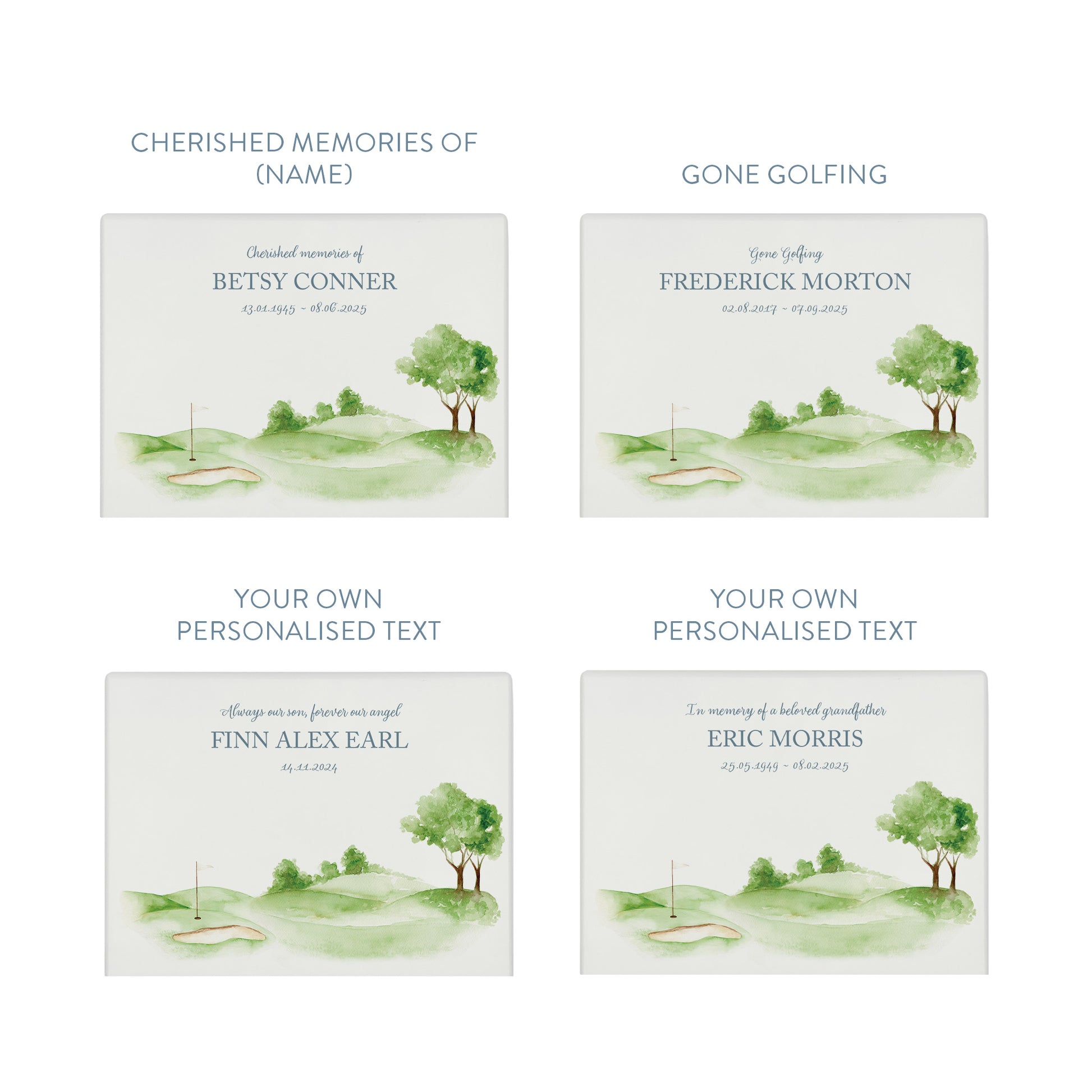 Luxury solid wooden white painted Golf Green watercolour illustration our urns and Caskets for displaying or burying ashes. Customisable and can be personalised. Perfect funeral memory keepsake urn, for storing ashes for humans and pets