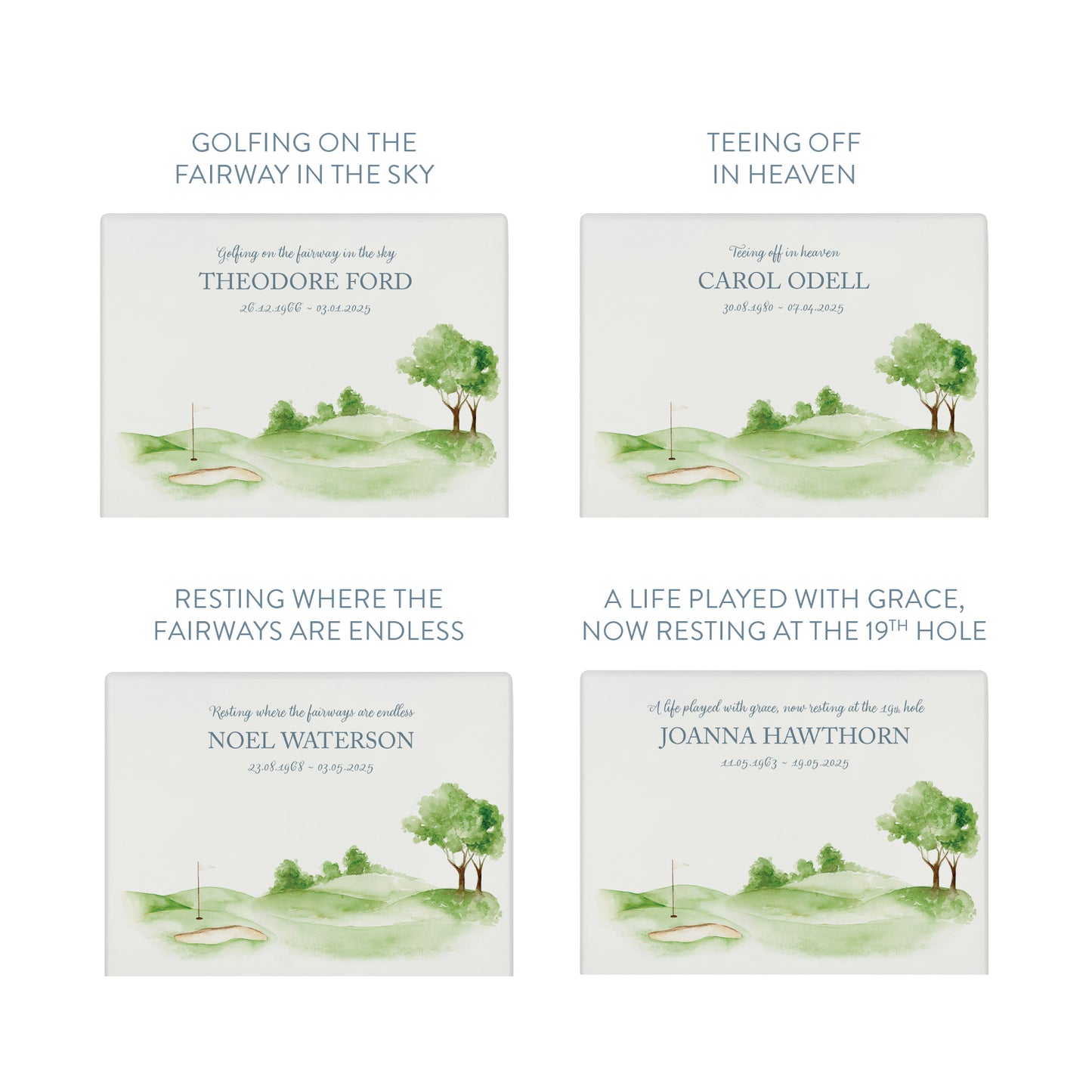 Luxury solid wooden white painted Golf Green watercolour illustration our urns and Caskets for displaying or burying ashes. Customisable and can be personalised. Perfect funeral memory keepsake urn, for storing ashes for humans and pets