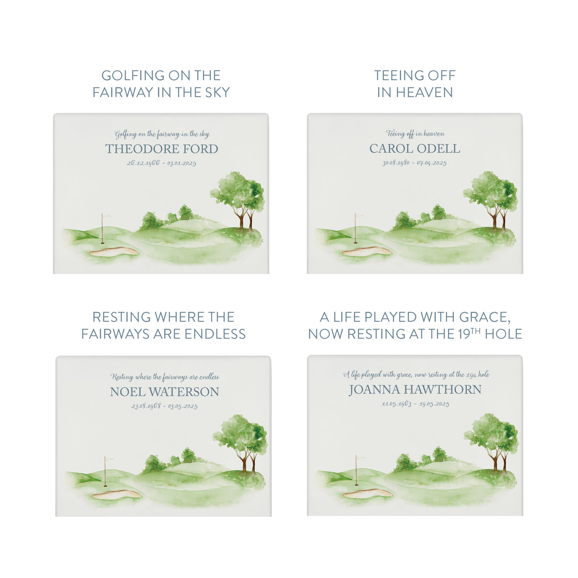 Luxury solid wooden white painted Golf Green watercolour illustration our urns and Caskets for displaying or burying ashes. Customisable and can be personalised. Perfect funeral memory keepsake urn, for storing ashes for humans and pets