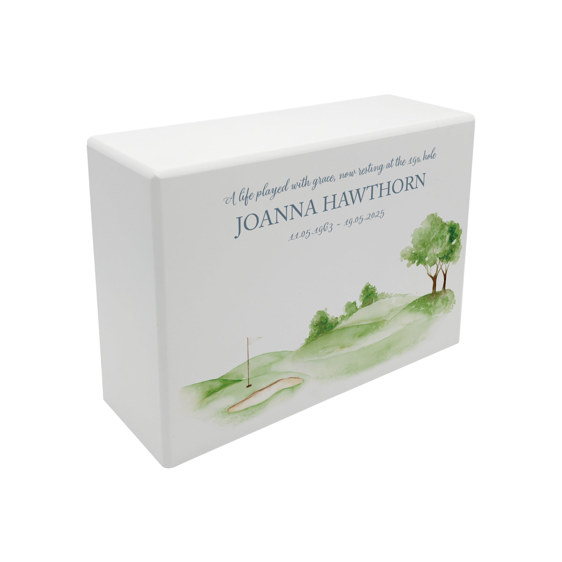 Luxury solid wooden white painted Golf Green watercolour illustration our urns and Caskets for displaying or burying ashes. Customisable and can be personalised. Perfect funeral memory keepsake urn, for storing ashes for humans and pets