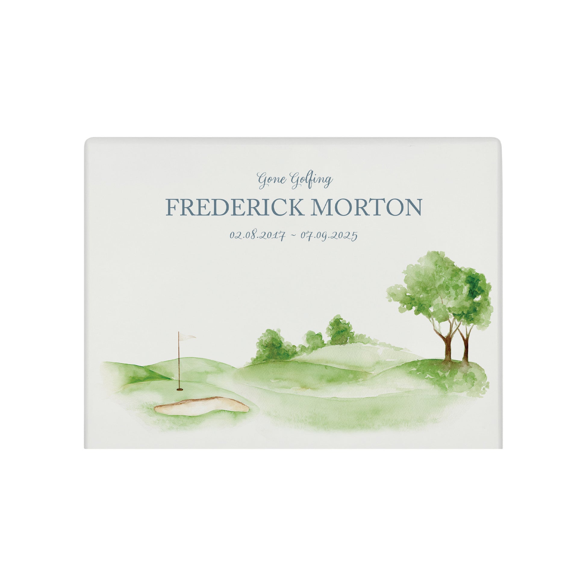 Luxury solid wooden white painted Golf Green watercolour illustration our urns and Caskets for displaying or burying ashes. Customisable and can be personalised. Perfect funeral memory keepsake urn, for storing ashes for humans and pets