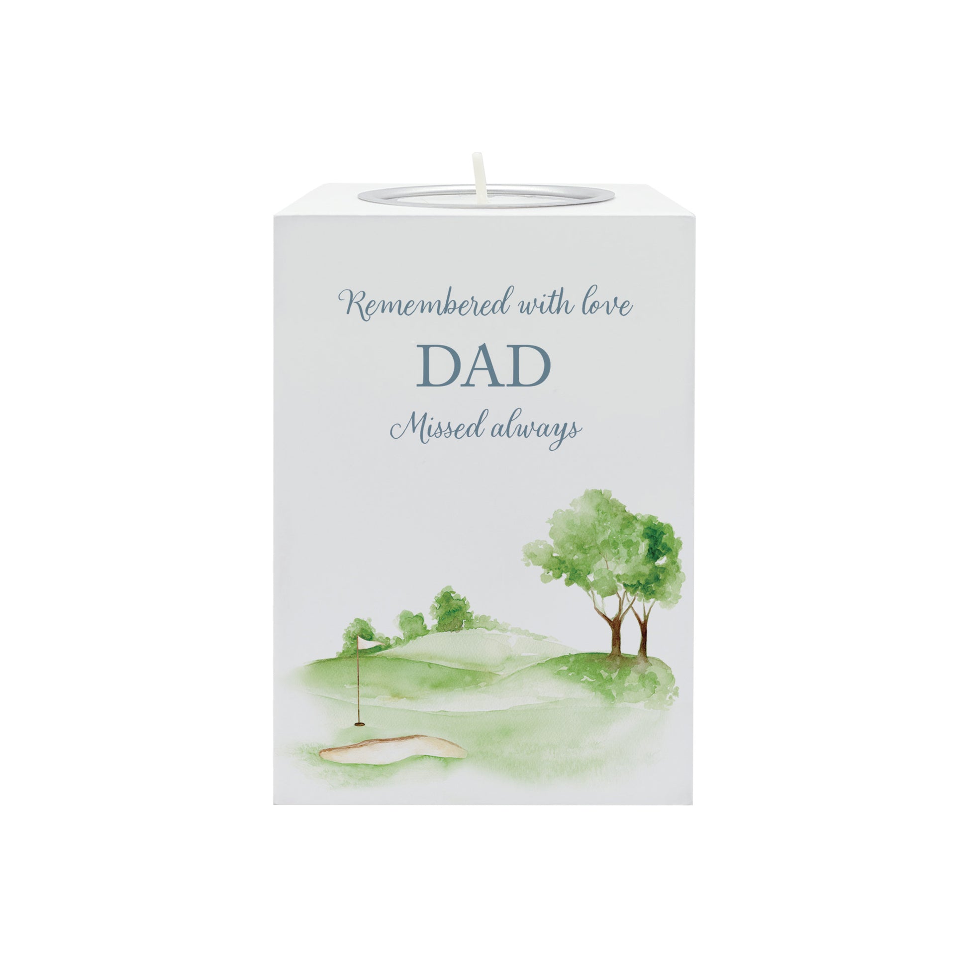wooden cuboid luxury tealight holder with gorgeous personalised options . Each product is lovingly designed, handmade with our Countryside inspired watercolour designs. This design features a Golf Green, perfect for Brother, Dad, Son or Grandad. unique designs to remember a loved on, great for memorial occasions