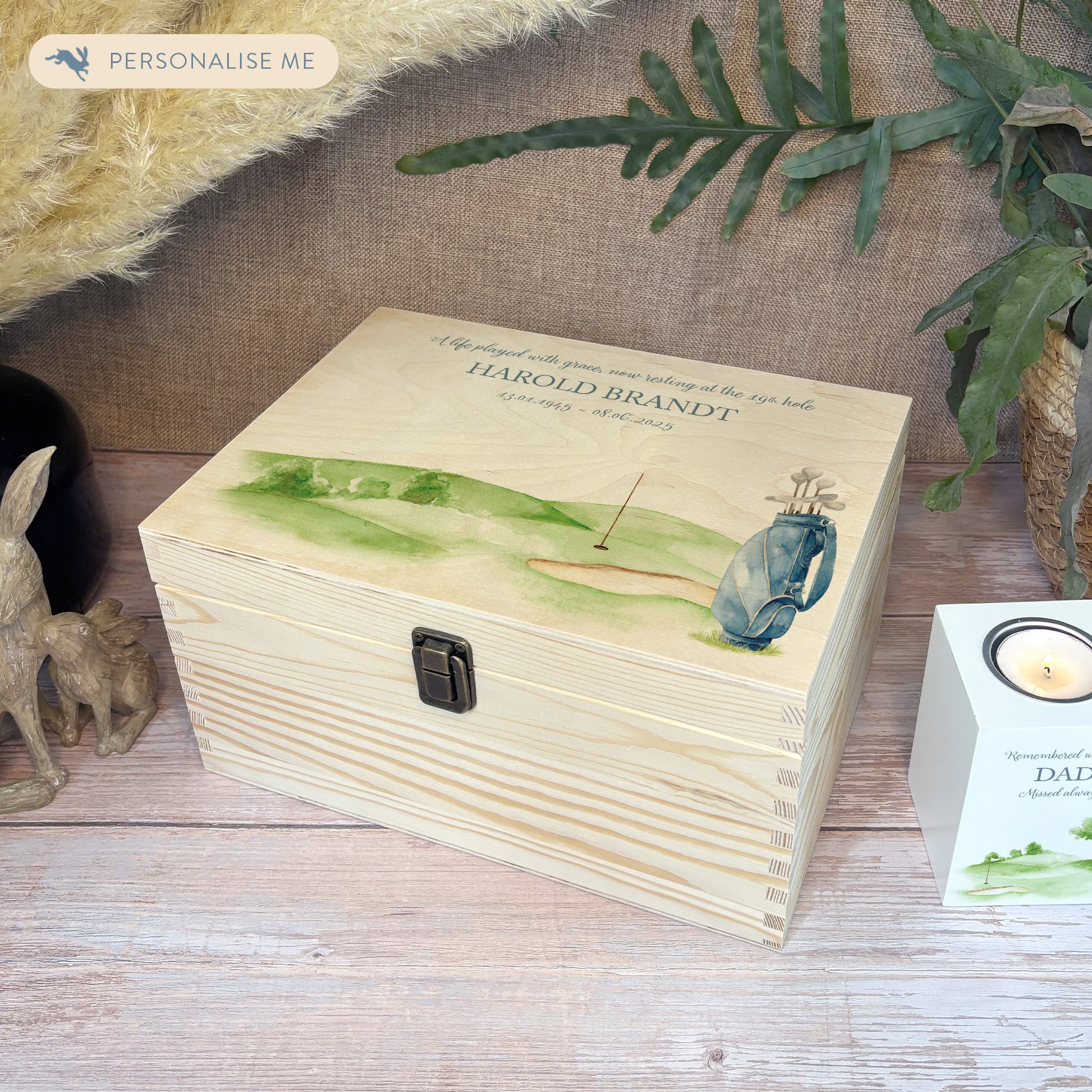 Wooden box with a decorative lid featuring illustrations of Golf Green and Bag Perfect funeral memory keepsake box, for storing ashes, order of service, flowers. capturing your loved ones favourite hobby