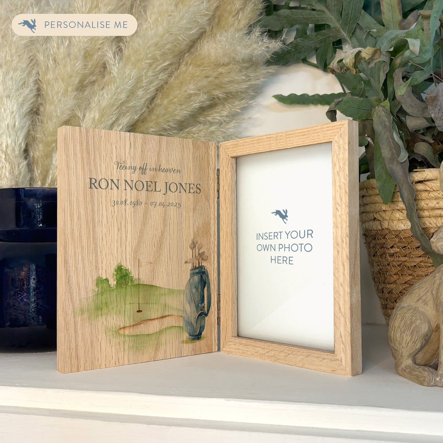 Memorial Solid Oak Photo Frame, personalise with your own message or select from our drop down selection. handmade watercolour paintings, this design features a Golf Bag sat on a golf Green. Perfect for Grandad, Dad, Uncle, Brother