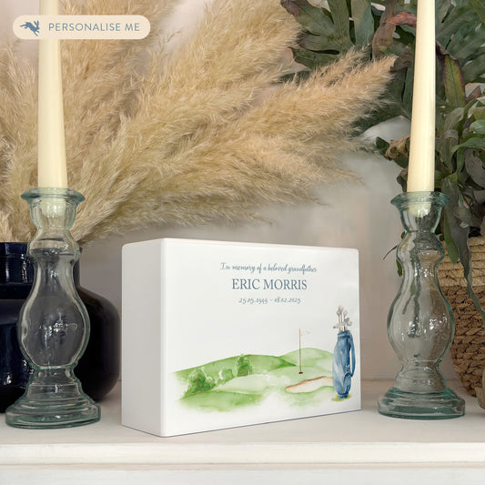 Luxury solid wooden white painted Golf Green and Bag watercolour illustration our urns and Caskets for displaying or burying ashes. Customisable and can be personalised. Perfect funeral memory keepsake urn, for storing ashes for humans and pets