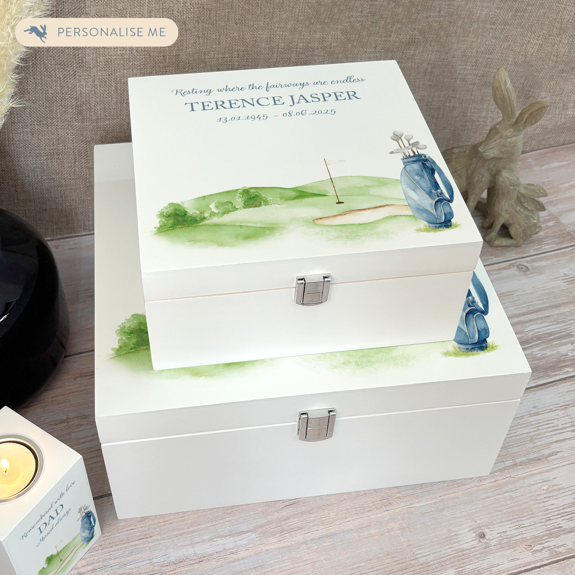White Square personalised Wooden box with a decorative lid featuring illustrations Golf Bag Perfect funeral memory keepsake box, for storing ashes, order of service, flowers and capturing your loved ones things in one place. Available in red, blue, yellow and green
