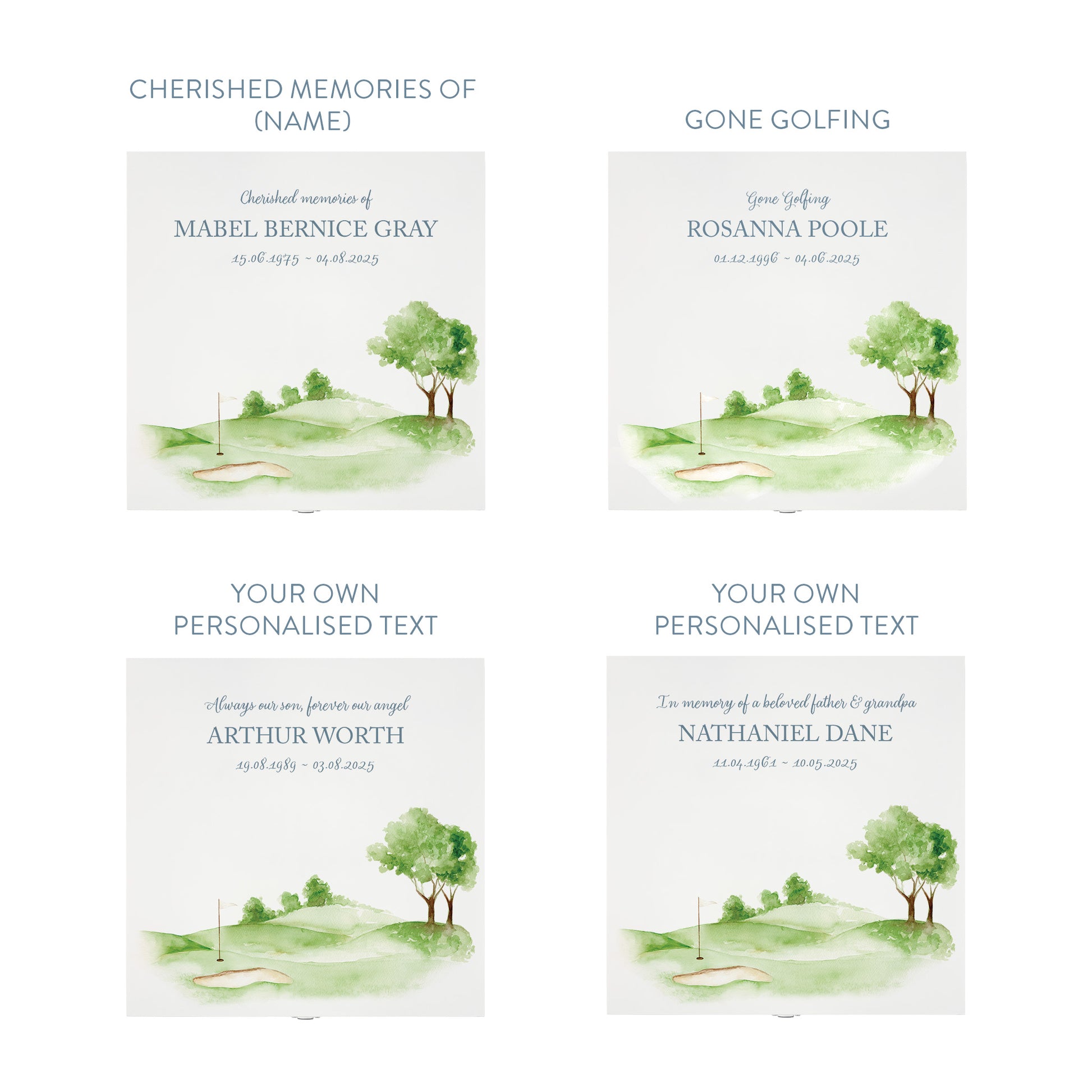 White Square personalised Wooden box with a decorative lid featuring illustrations Golf Green Perfect funeral memory keepsake box, for storing ashes, order of service, flowers and capturing your loved ones things in one place. Available in red, blue, yellow and green
