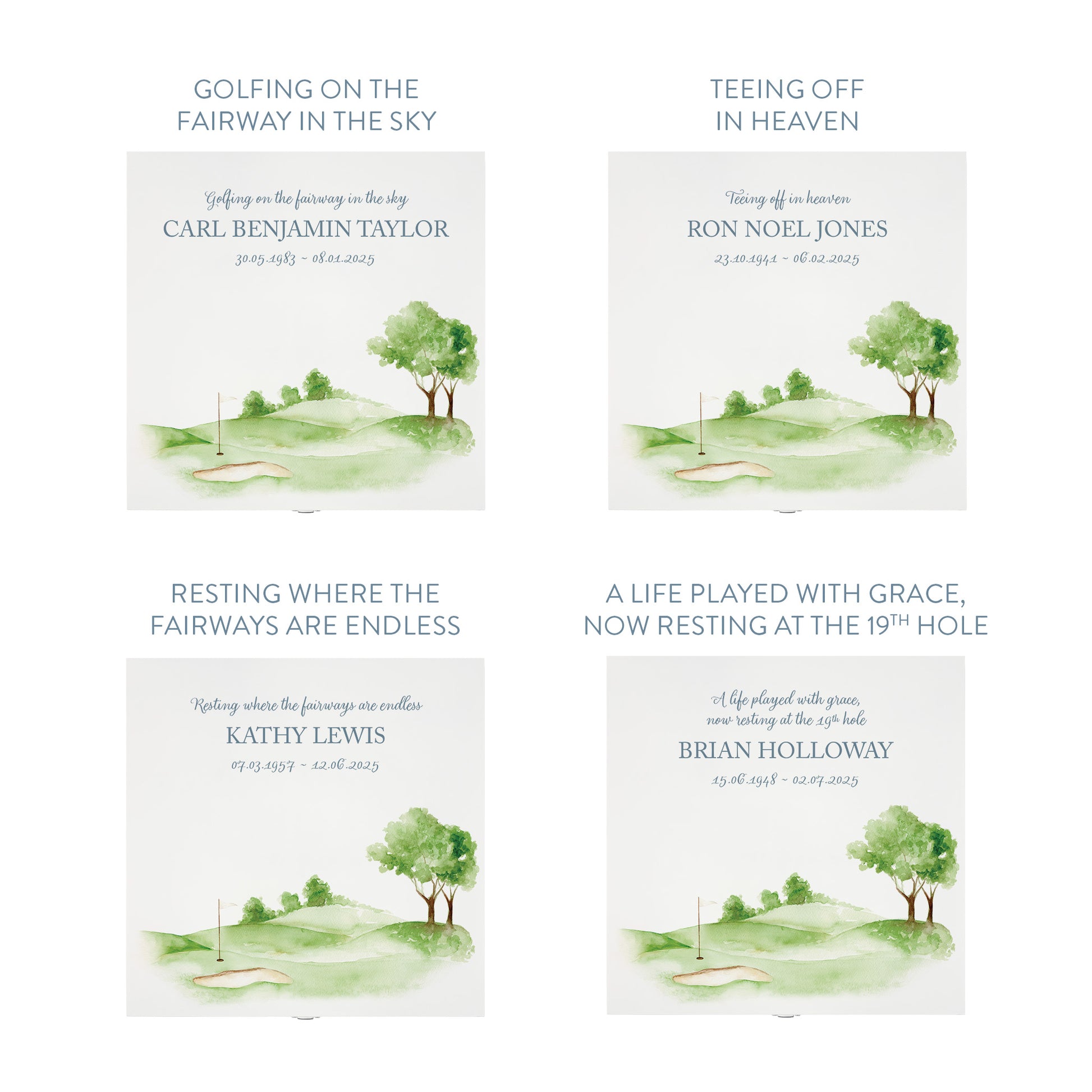 White Square personalised Wooden box with a decorative lid featuring illustrations Golf Green Perfect funeral memory keepsake box, for storing ashes, order of service, flowers and capturing your loved ones things in one place. Available in red, blue, yellow and green