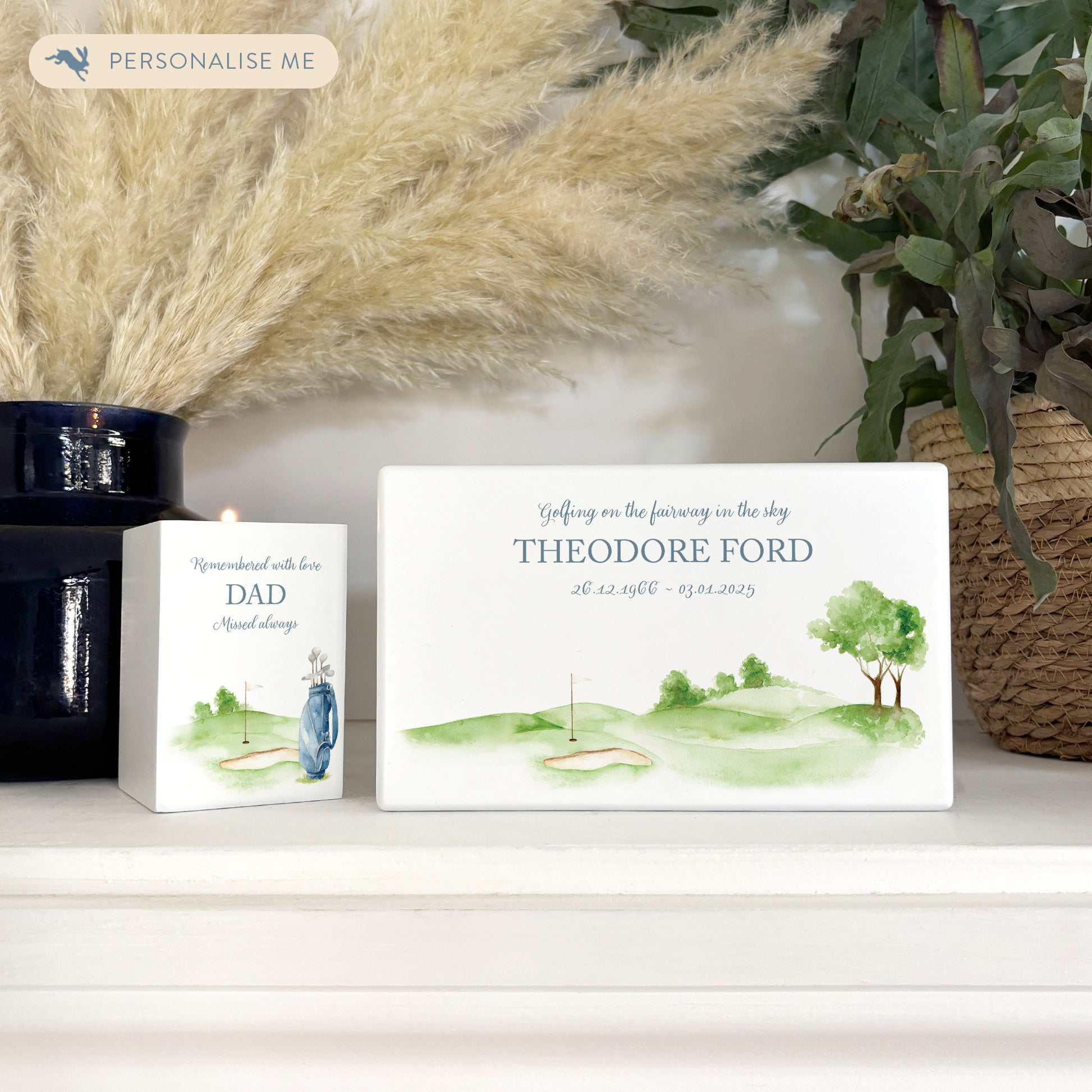 Luxury solid wooden white painted Urn featuring a Golf Green memorial, capturing your loved ones hobby. A watercolour illustration, our urns and Caskets for displaying or burying ashes. Customisable and can be personalised. Perfect funeral memory keepsake urn, for storing ashes for humans and pets.