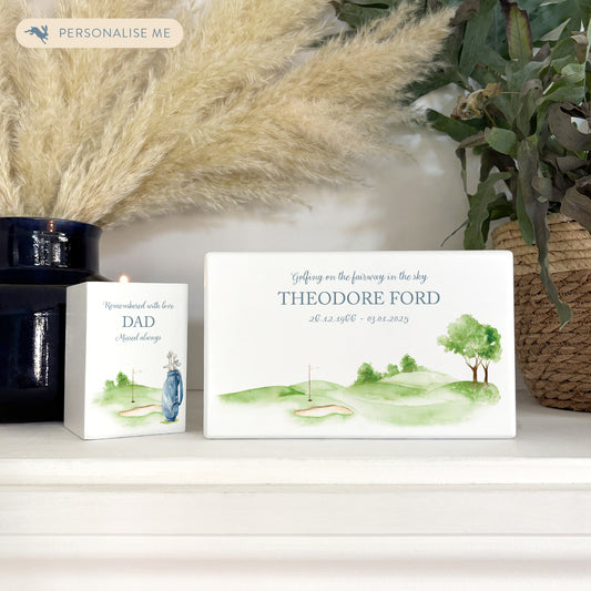 Luxury solid wooden white painted Urn featuring a Golf Green memorial, capturing your loved ones hobby. A watercolour illustration, our urns and Caskets for displaying or burying ashes. Customisable and can be personalised. Perfect funeral memory keepsake urn, for storing ashes for humans and pets.