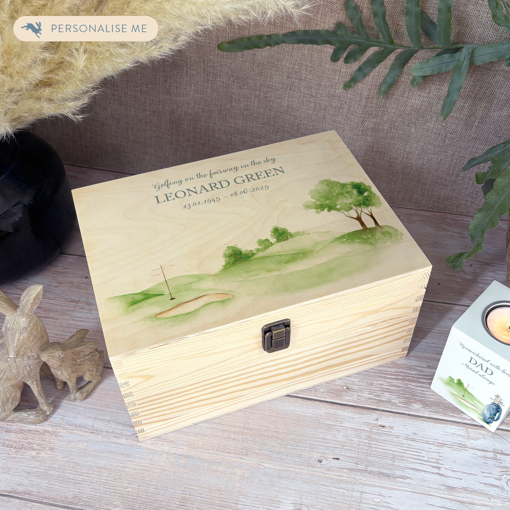 Wooden box with a decorative lid featuring illustrations of Golf Green Perfect funeral memory keepsake box, for storing ashes, order of service, flowers. capturing your loved ones favourite hobby