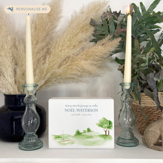 Luxury solid wooden white painted Golf Green watercolour illustration our urns and Caskets for displaying or burying ashes. Customisable and can be personalised. Perfect funeral memory keepsake urn, for storing ashes for humans and pets