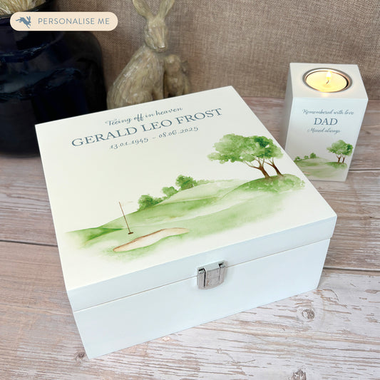 White Square personalised Wooden box with a decorative lid featuring illustrations Golf Green Perfect funeral memory keepsake box, for storing ashes, order of service, flowers and capturing your loved ones things in one place. Available in red, blue, yellow and green