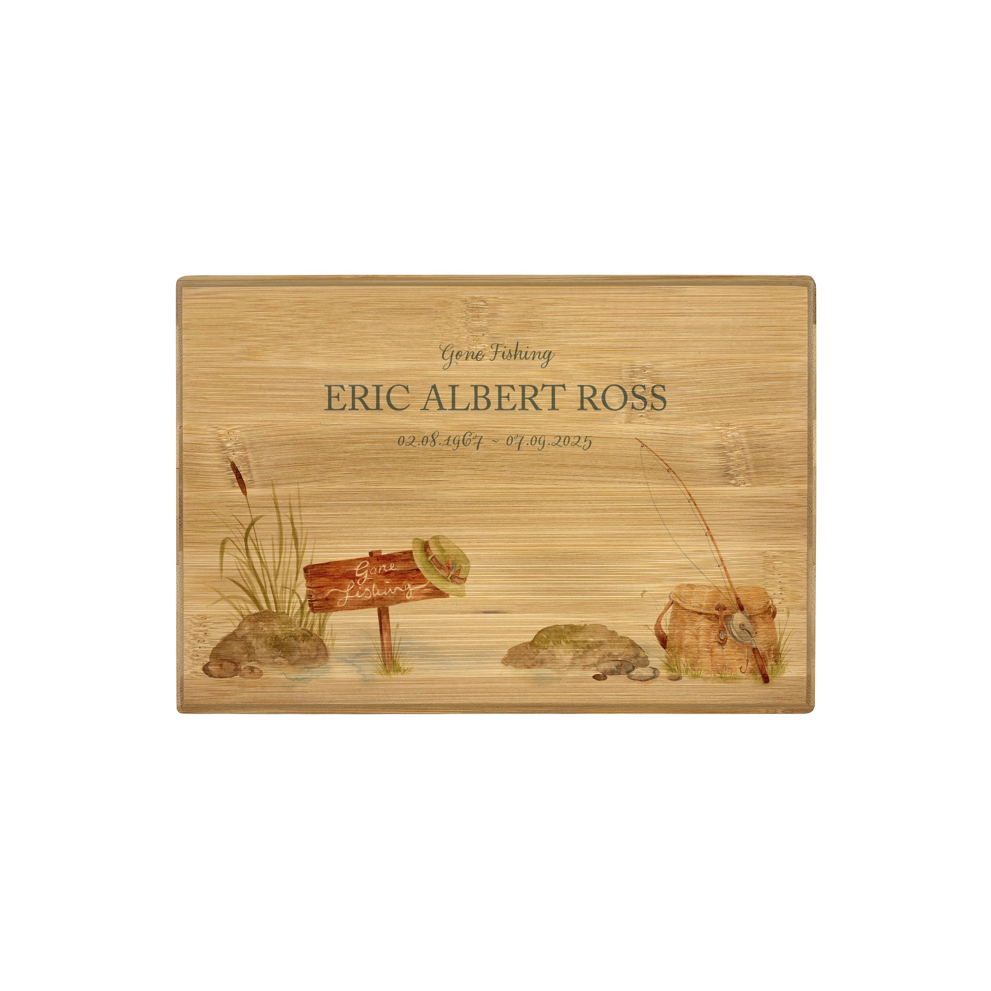 A beautifully crafted solid Bamboo wooden urn, personalised and finished with a soft watercolour design of a fishing scene,  Perfect for the fishing lover- Great for Dad, Grandad, Brother, Son, Uncle.  Thoughtfully made for either display or burial, this personalised urn can be customised to create a meaningful memorial. Perfect for holding ashes of a loved one or a beloved pet, it serves as a comforting tribute and keepsake.