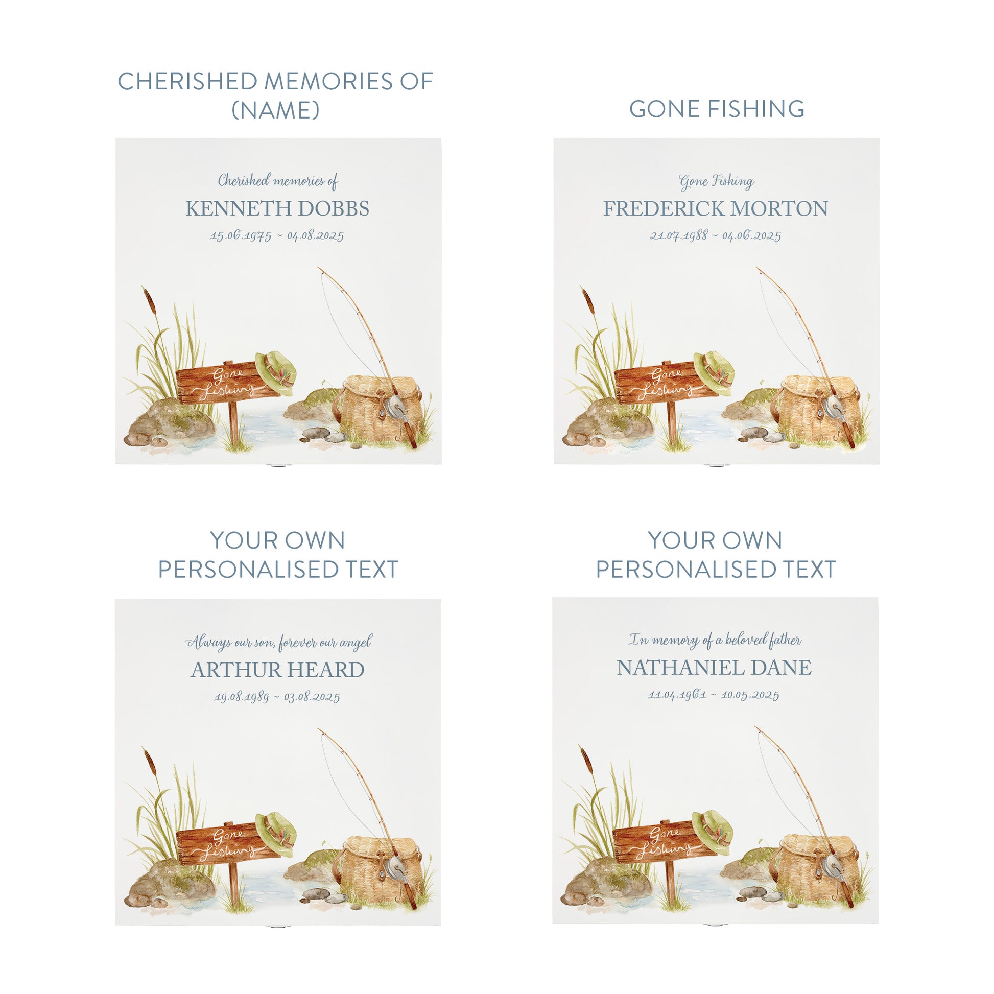 White Square personalised Wooden box with a decorative lid featuring illustrations Gone Fishing Perfect funeral memory keepsake box, for storing ashes, order of service, flowers and capturing your loved ones things in one place. Available in red, blue, yellow and green