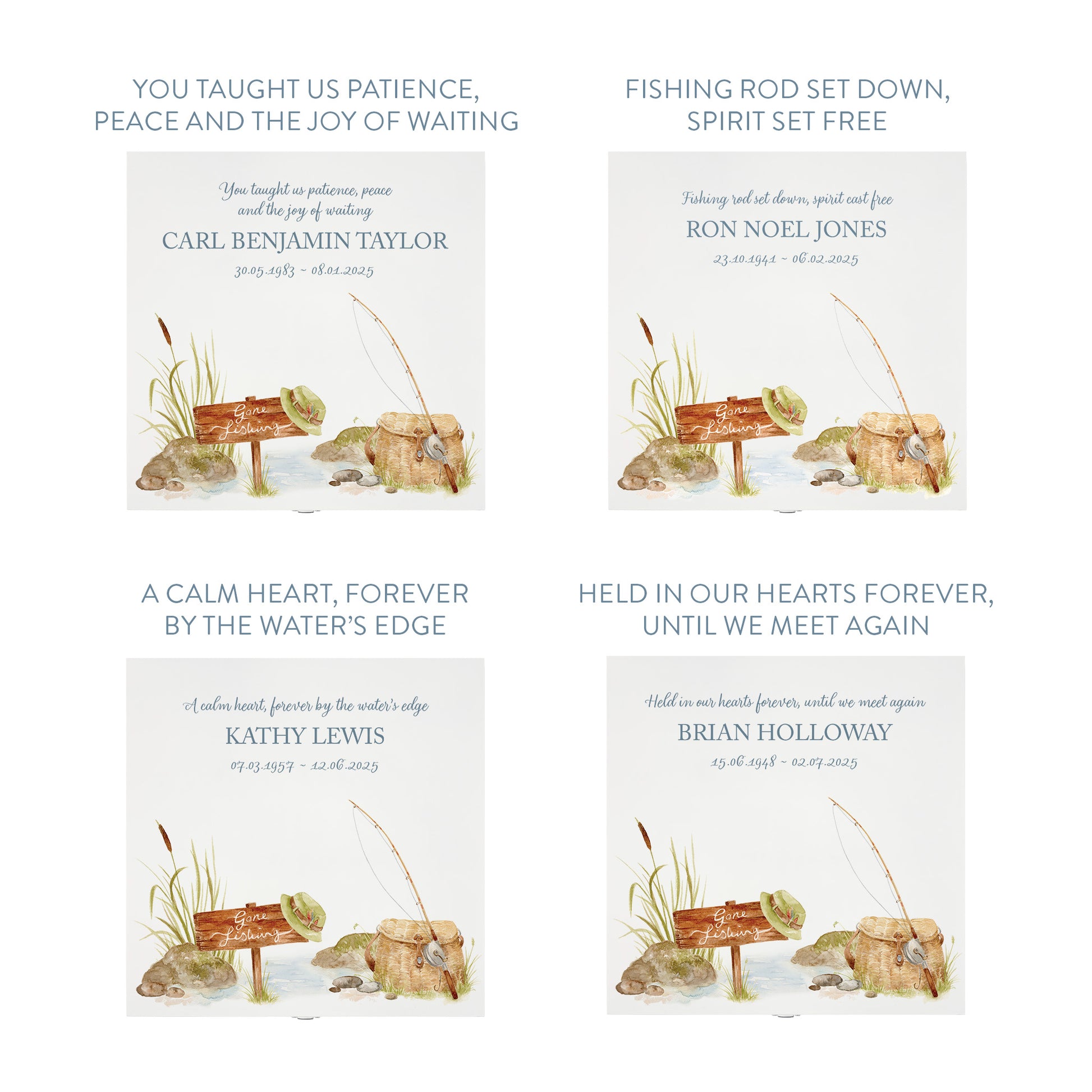 White Square personalised Wooden box with a decorative lid featuring illustrations Gone Fishing Perfect funeral memory keepsake box, for storing ashes, order of service, flowers and capturing your loved ones things in one place. Available in red, blue, yellow and green