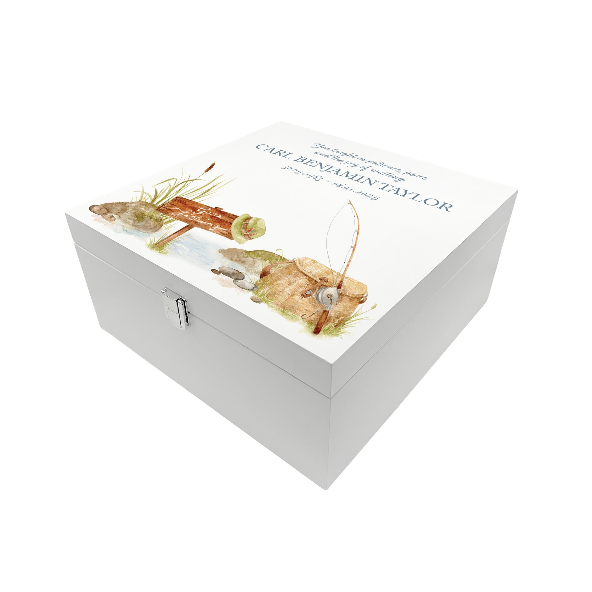 White Square personalised Wooden box with a decorative lid featuring illustrations Gone Fishing Perfect funeral memory keepsake box, for storing ashes, order of service, flowers and capturing your loved ones things in one place. Available in red, blue, yellow and green