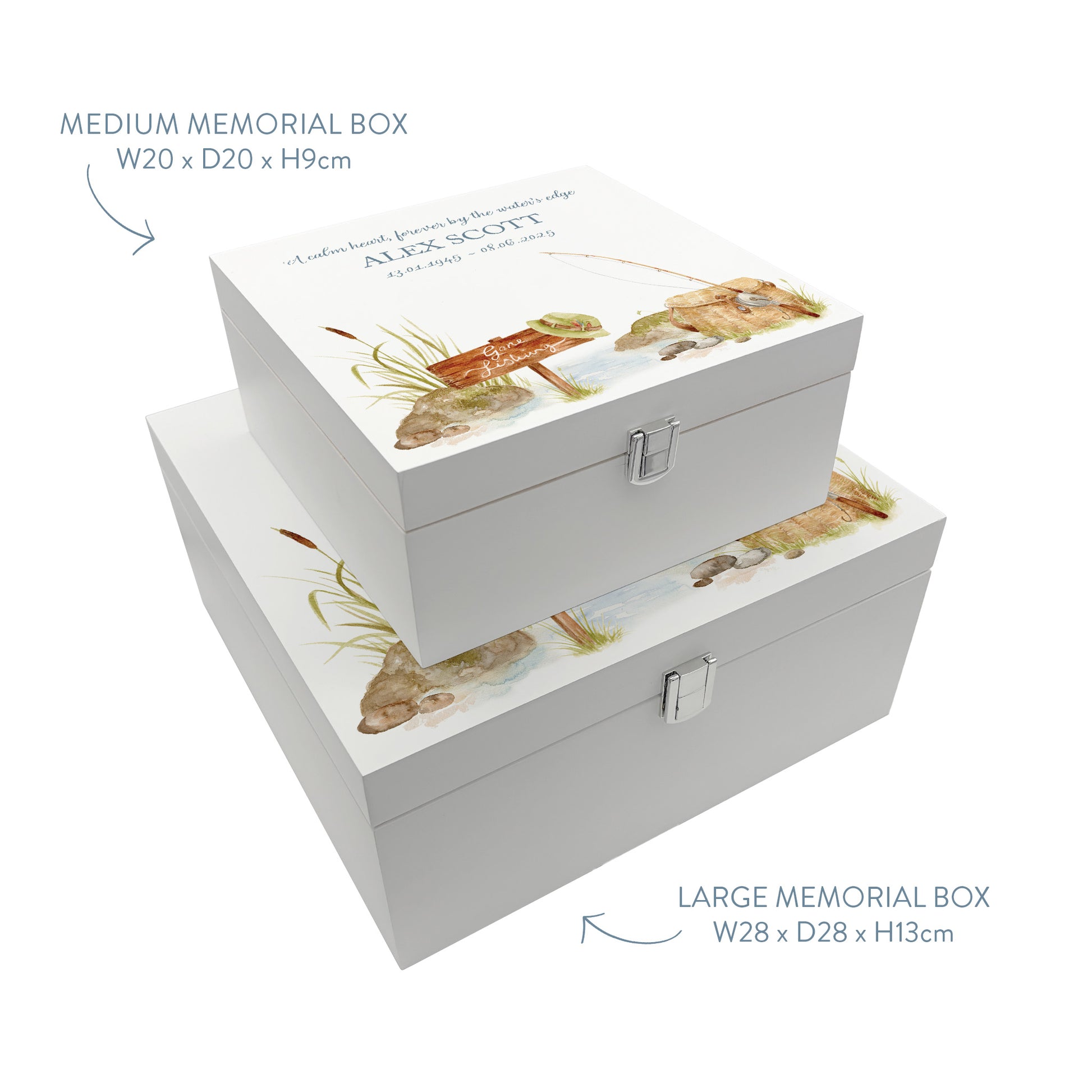 White Square personalised Wooden box with a decorative lid featuring illustrations Gone Fishing Perfect funeral memory keepsake box, for storing ashes, order of service, flowers and capturing your loved ones things in one place. Available in red, blue, yellow and green