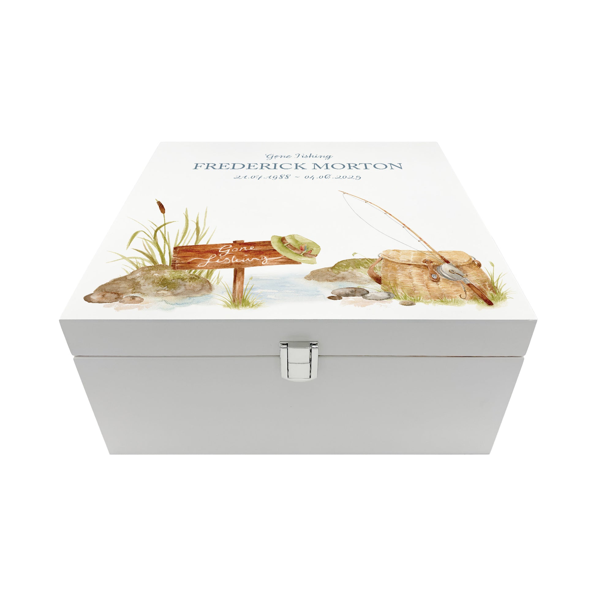 White Square personalised Wooden box with a decorative lid featuring illustrations Gone Fishing Perfect funeral memory keepsake box, for storing ashes, order of service, flowers and capturing your loved ones things in one place. Available in red, blue, yellow and green