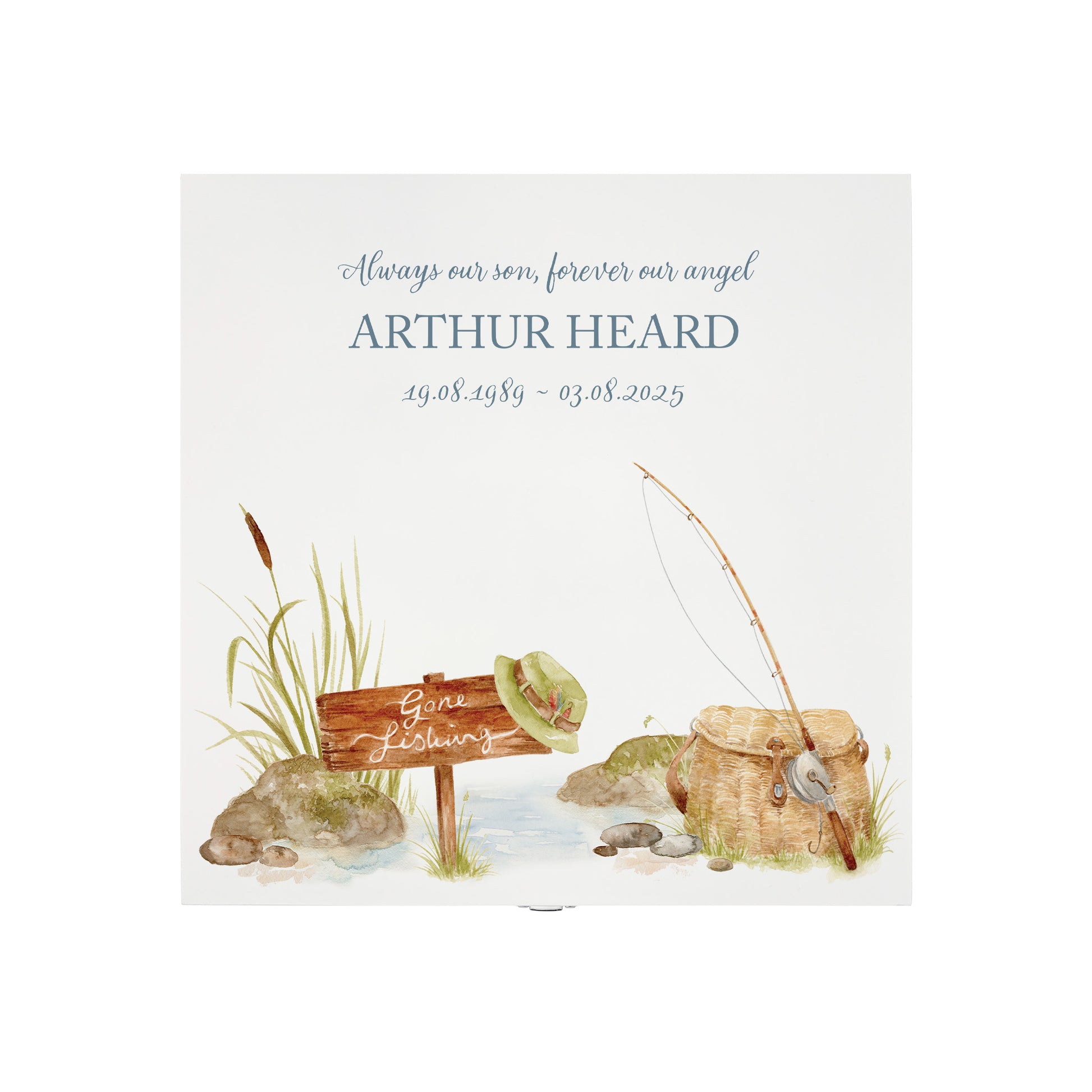 White Square personalised Wooden box with a decorative lid featuring illustrations Gone Fishing Perfect funeral memory keepsake box, for storing ashes, order of service, flowers and capturing your loved ones things in one place. Available in red, blue, yellow and green