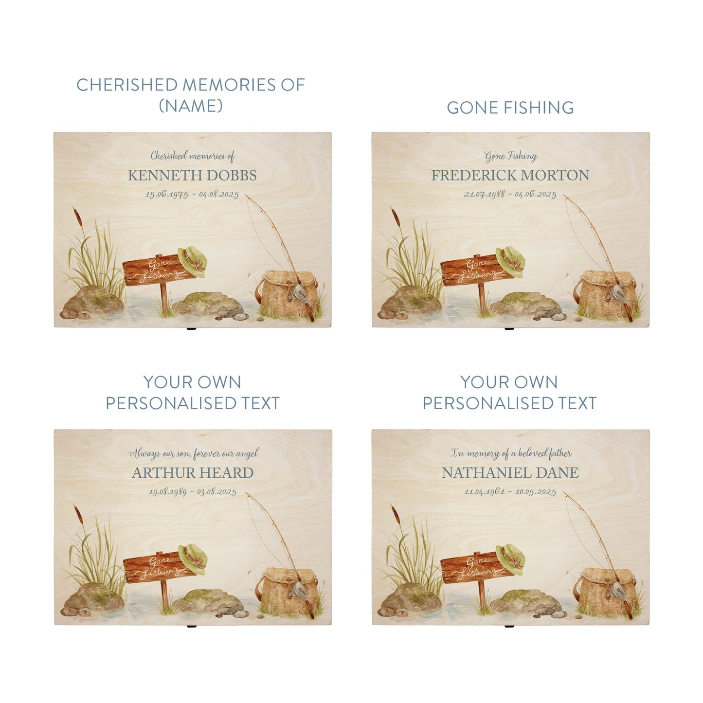 Wooden box with a decorative lid featuring illustrations of a fishing scene Perfect funeral memory keepsake box, for storing ashes, order of service, flowers. capturing your loved ones favourite hobby