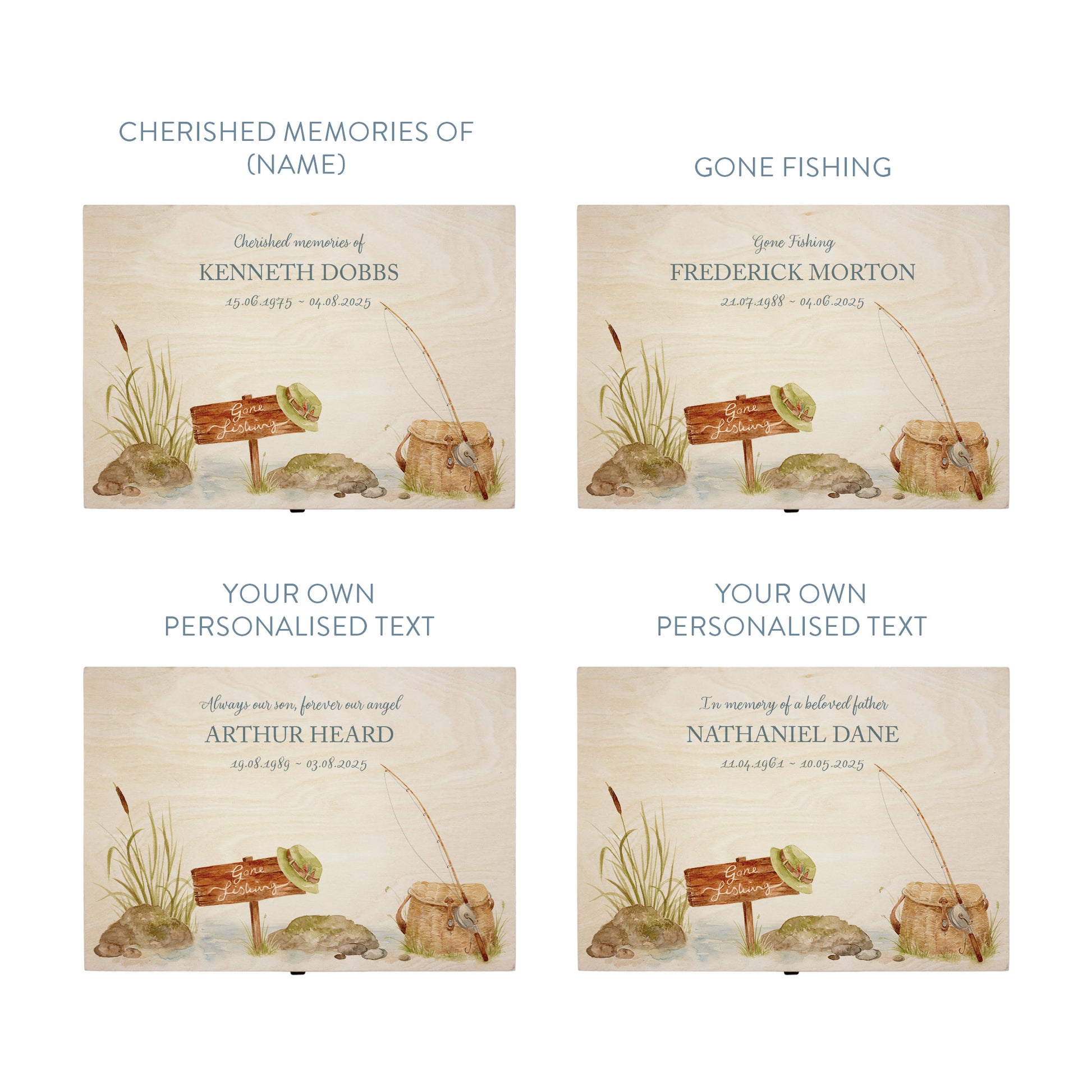 Wooden box with a decorative lid featuring illustrations of a fishing scene Perfect funeral memory keepsake box, for storing ashes, order of service, flowers. capturing your loved ones favourite hobby