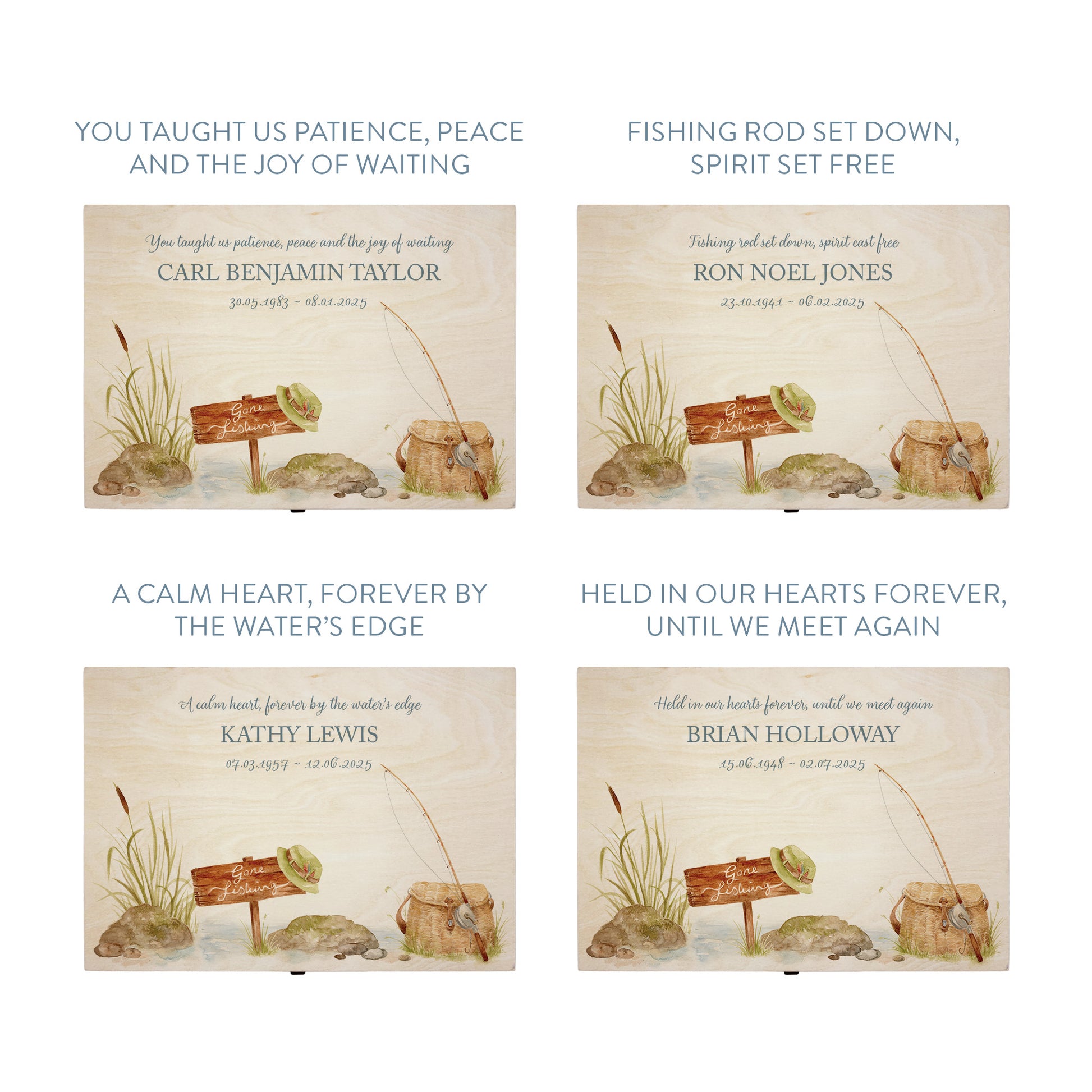 Wooden box with a decorative lid featuring illustrations of a fishing scene Perfect funeral memory keepsake box, for storing ashes, order of service, flowers. capturing your loved ones favourite hobby