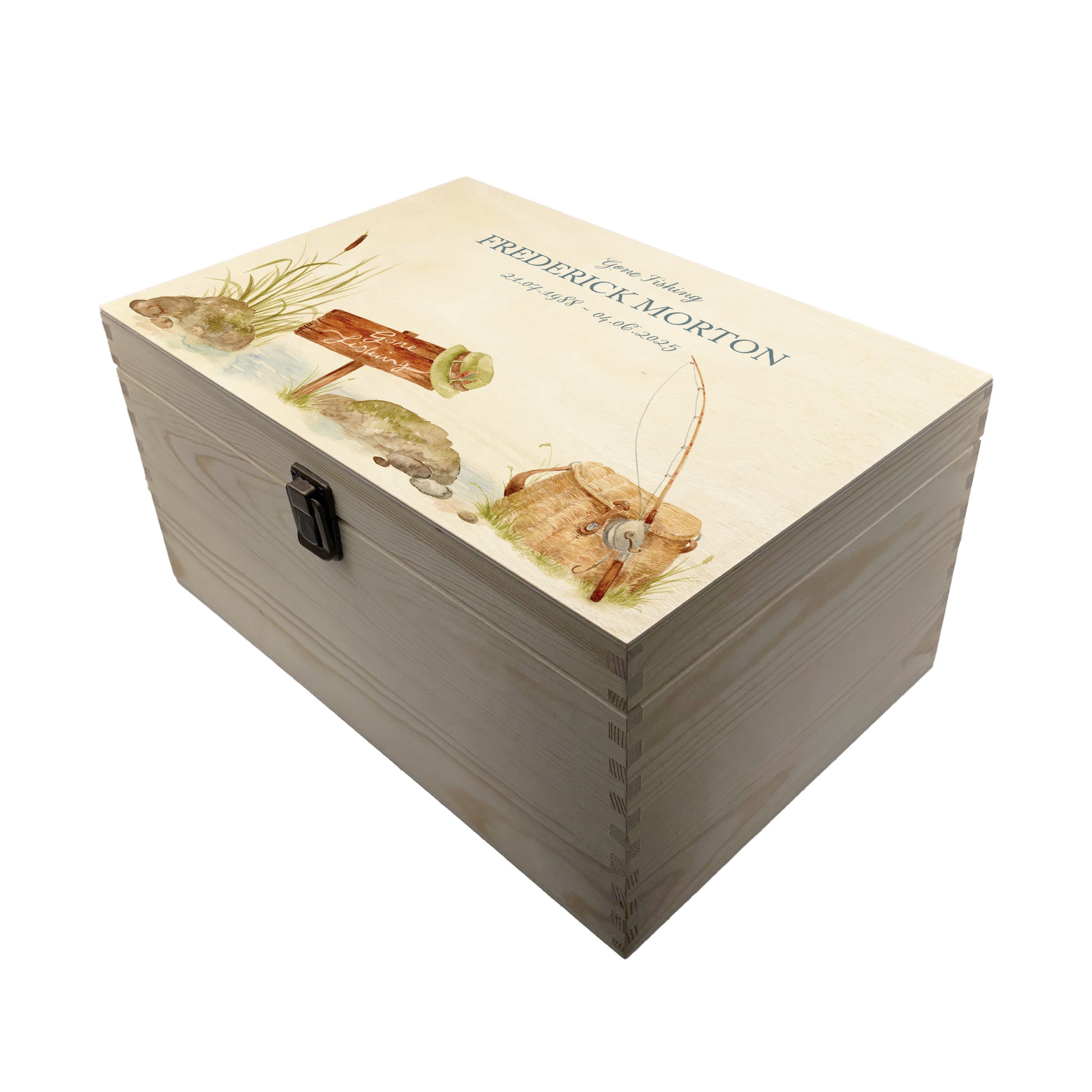 Wooden box with a decorative lid featuring illustrations of a fishing scene Perfect funeral memory keepsake box, for storing ashes, order of service, flowers. capturing your loved ones favourite hobby