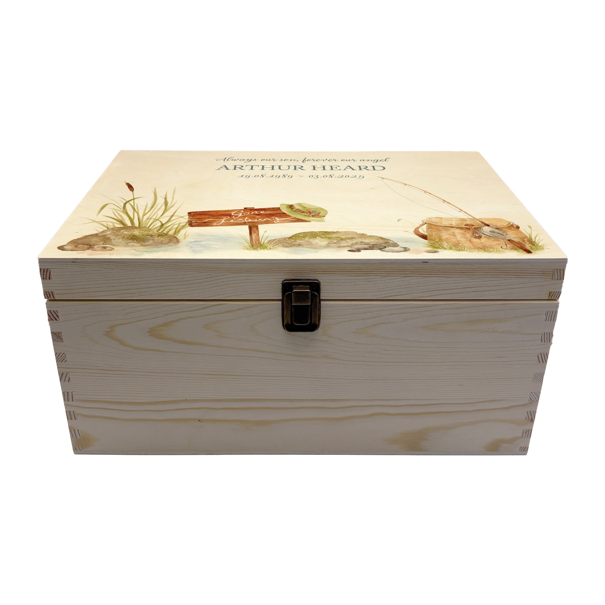 Wooden box with a decorative lid featuring illustrations of a fishing scene Perfect funeral memory keepsake box, for storing ashes, order of service, flowers. capturing your loved ones favourite hobby