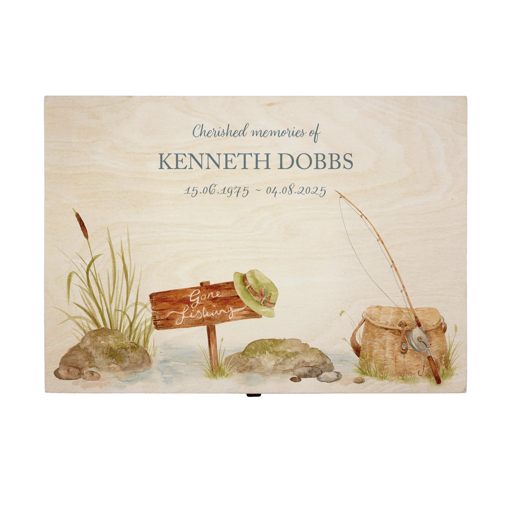 Wooden box with a decorative lid featuring illustrations of a fishing scene Perfect funeral memory keepsake box, for storing ashes, order of service, flowers. capturing your loved ones favourite hobby