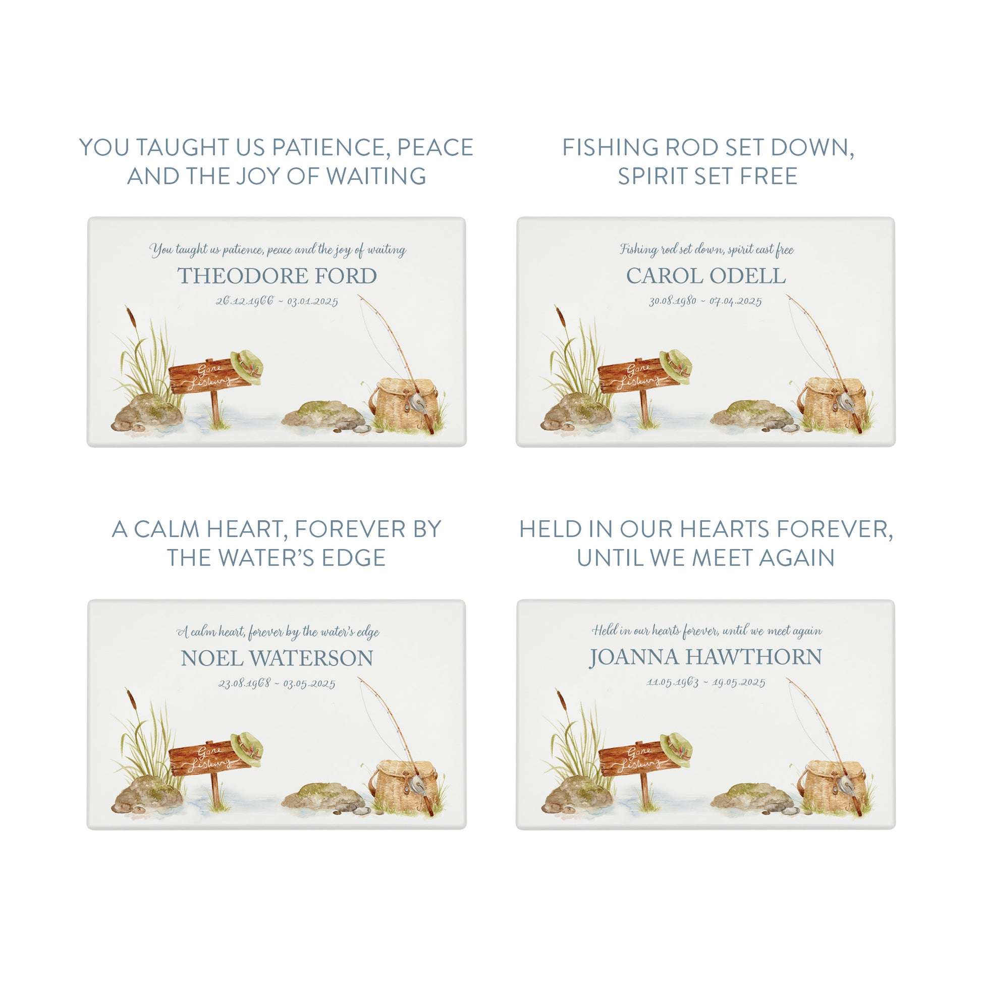 Luxury solid wooden white painted Urn featuring a Gone Fishing memorial, capturing your oved ones hobby. A watercolour illustration, our urns and Caskets for displaying or burying ashes. Customisable and can be personalised. Perfect funeral memory keepsake urn, for storing ashes for humans and pets.