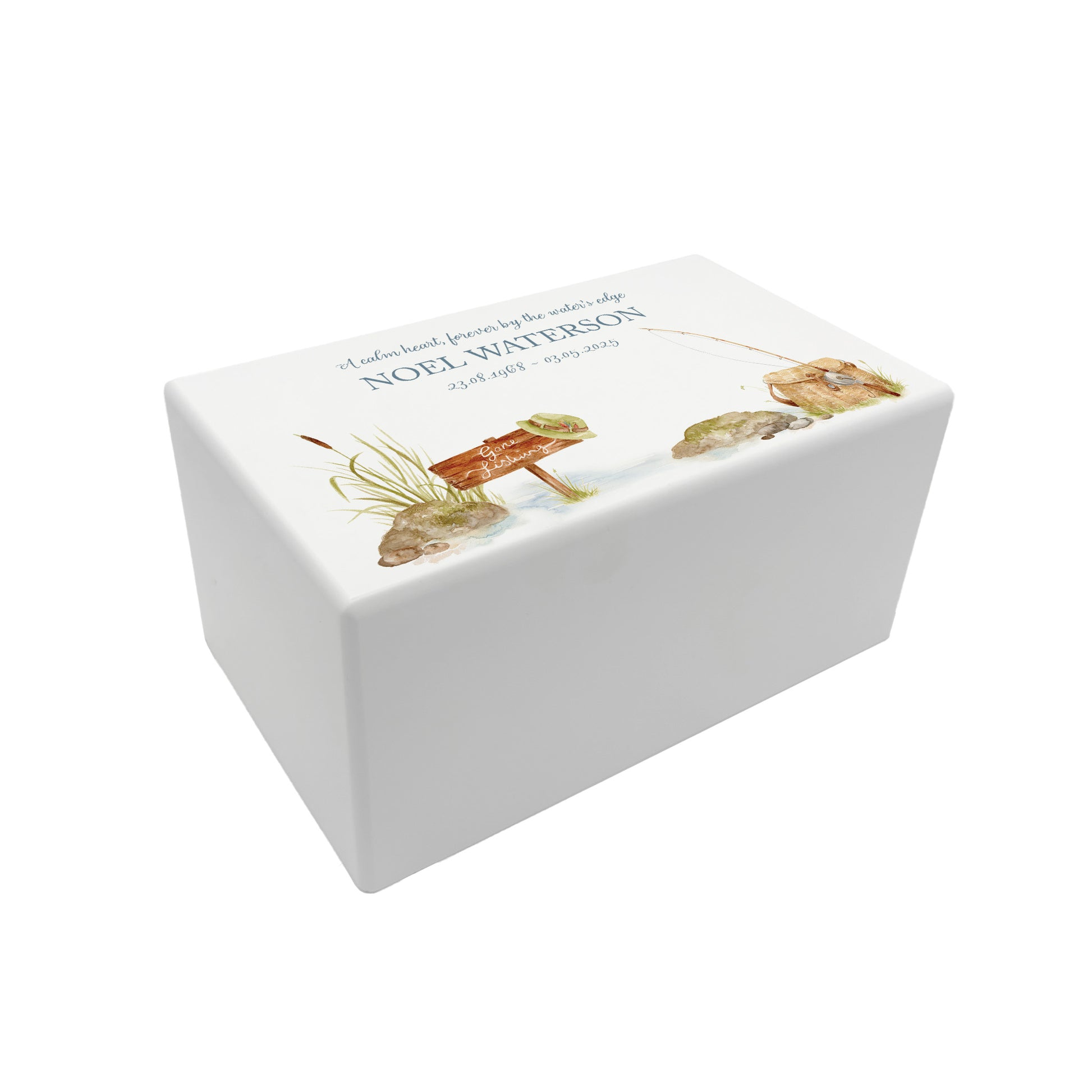 Luxury solid wooden white painted Urn featuring a Gone Fishing memorial, capturing your oved ones hobby. A watercolour illustration, our urns and Caskets for displaying or burying ashes. Customisable and can be personalised. Perfect funeral memory keepsake urn, for storing ashes for humans and pets.