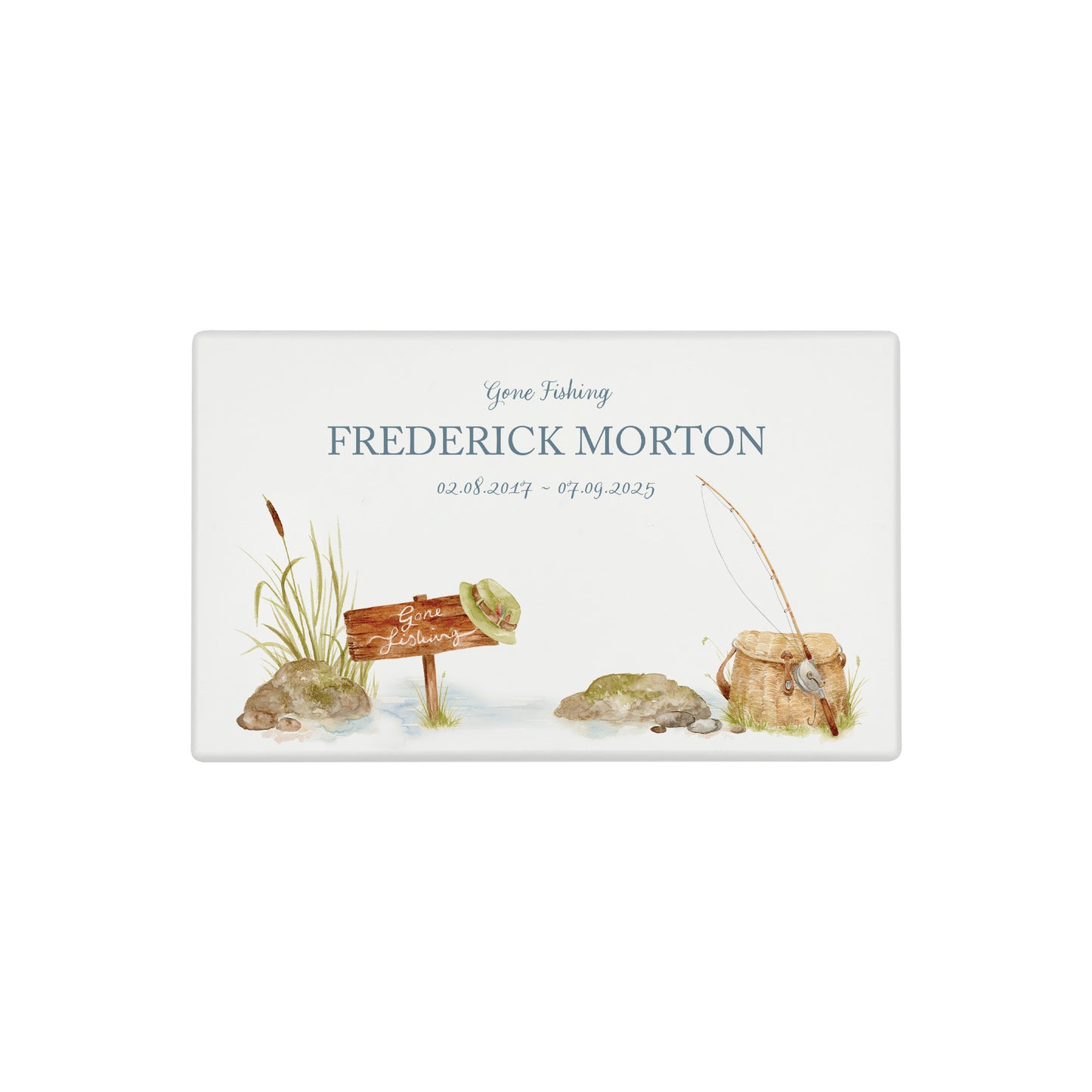 Luxury solid wooden white painted Urn featuring a Gone Fishing memorial, capturing your oved ones hobby. A watercolour illustration, our urns and Caskets for displaying or burying ashes. Customisable and can be personalised. Perfect funeral memory keepsake urn, for storing ashes for humans and pets.
