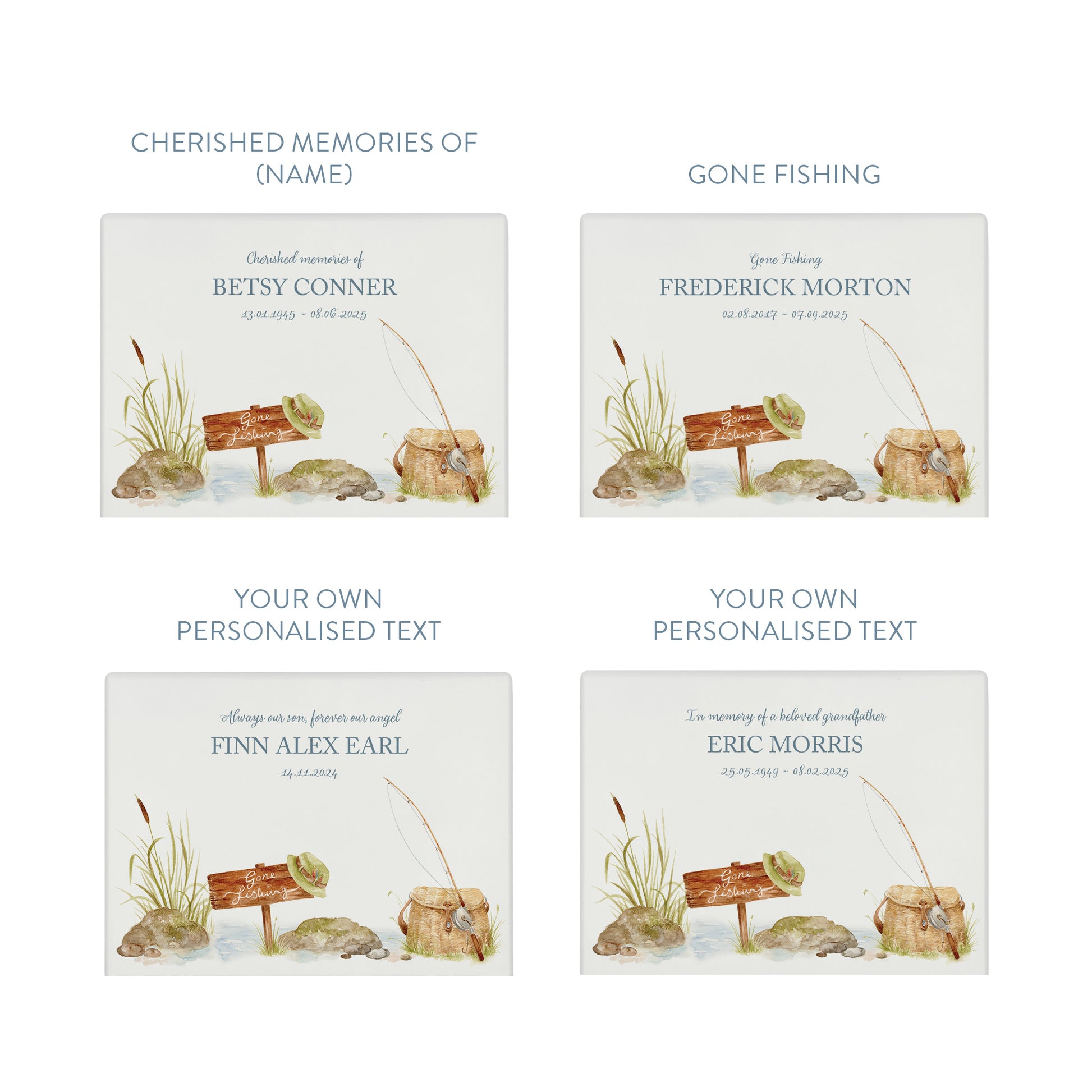 Luxury solid wooden white painted Fishing scene  watercolour illustration our urns and Caskets for displaying or burying ashes. Customisable and can be personalised. Perfect funeral memory keepsake urn, for storing ashes for humans and pets