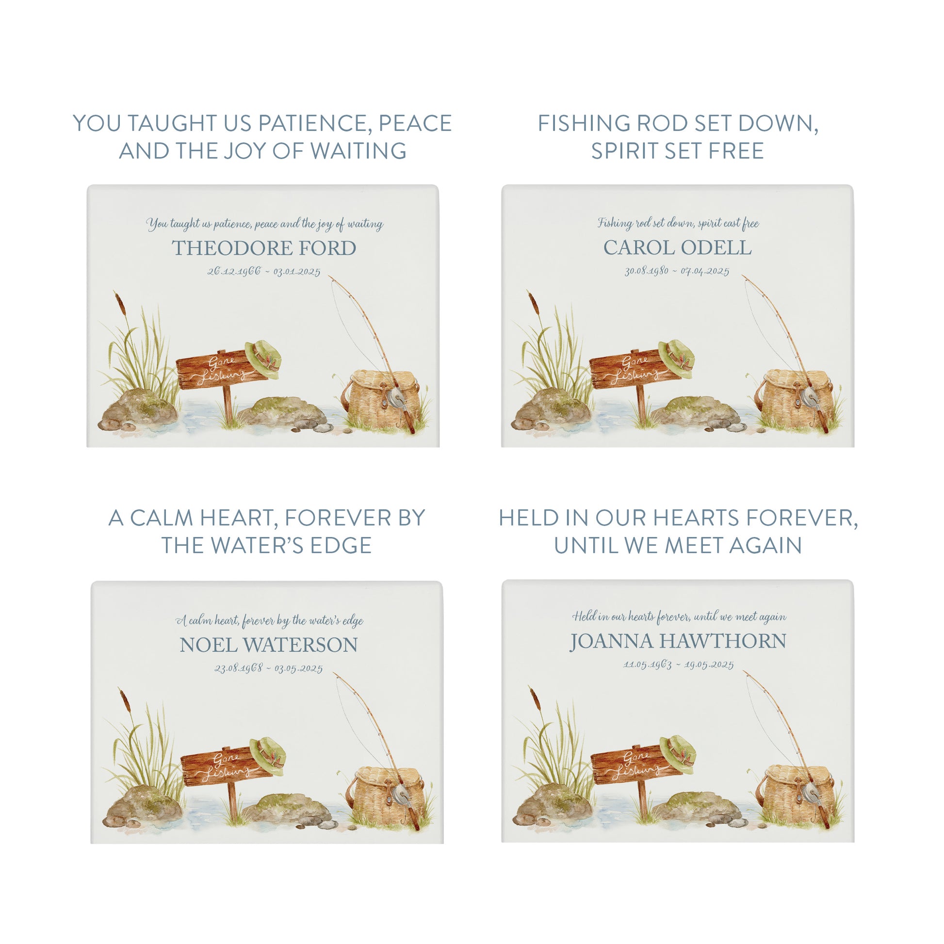 Luxury solid wooden white painted Fishing scene  watercolour illustration our urns and Caskets for displaying or burying ashes. Customisable and can be personalised. Perfect funeral memory keepsake urn, for storing ashes for humans and pets