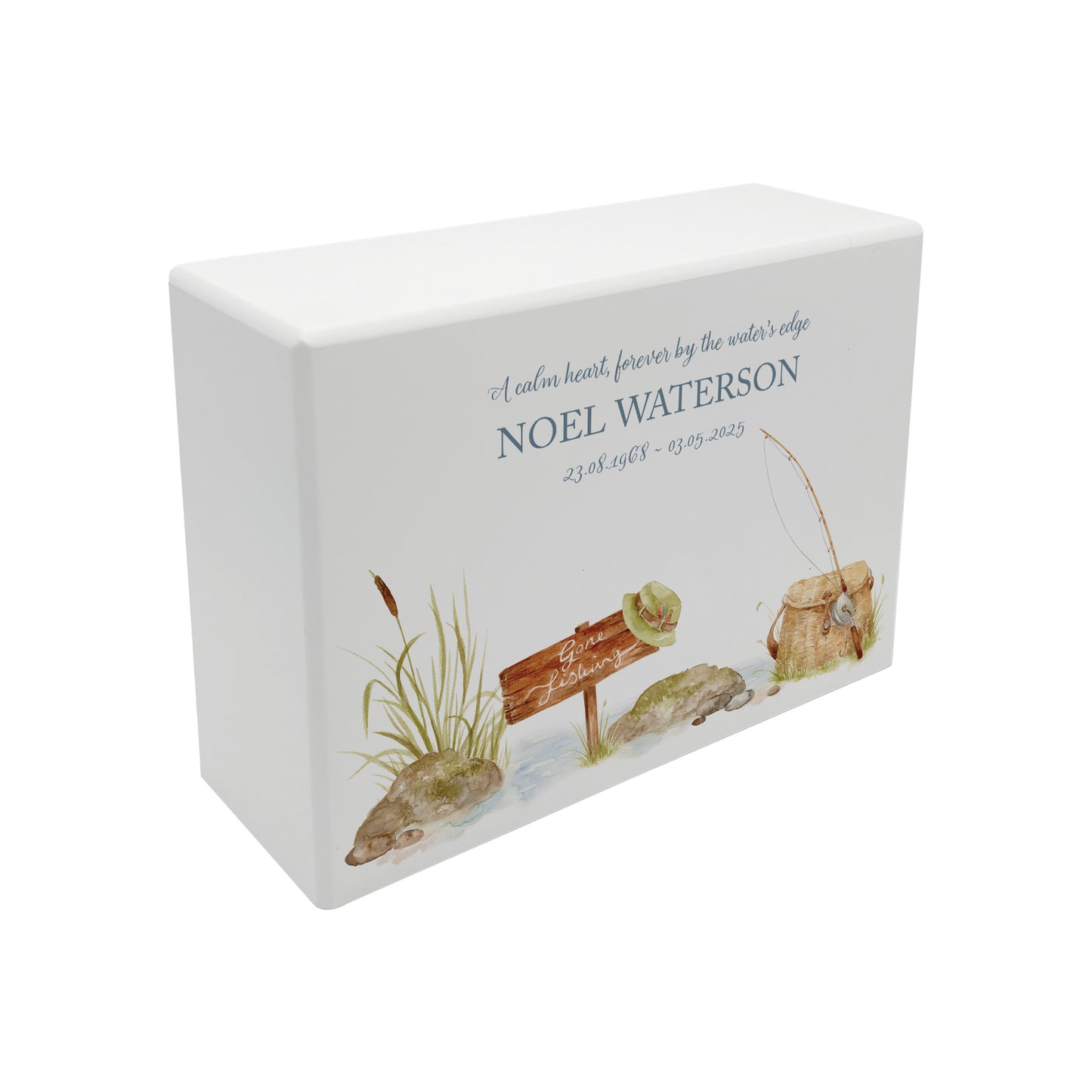 Luxury solid wooden white painted Fishing scene watercolour illustration our urns and Caskets for displaying or burying ashes. Customisable and can be personalised. Perfect funeral memory keepsake urn, for storing ashes for humans and pets