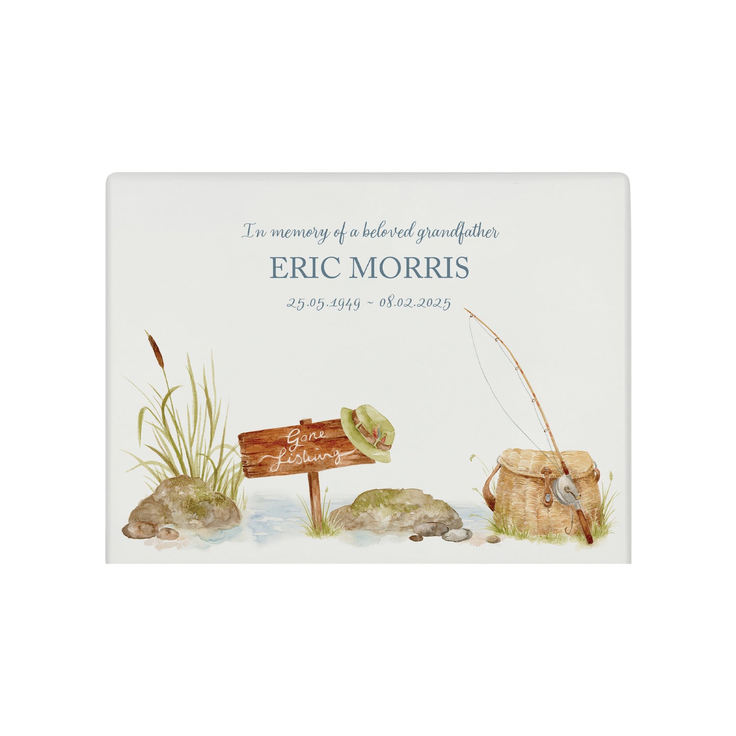 Luxury solid wooden white painted Fishing scene watercolour illustration our urns and Caskets for displaying or burying ashes. Customisable and can be personalised. Perfect funeral memory keepsake urn, for storing ashes for humans and pets