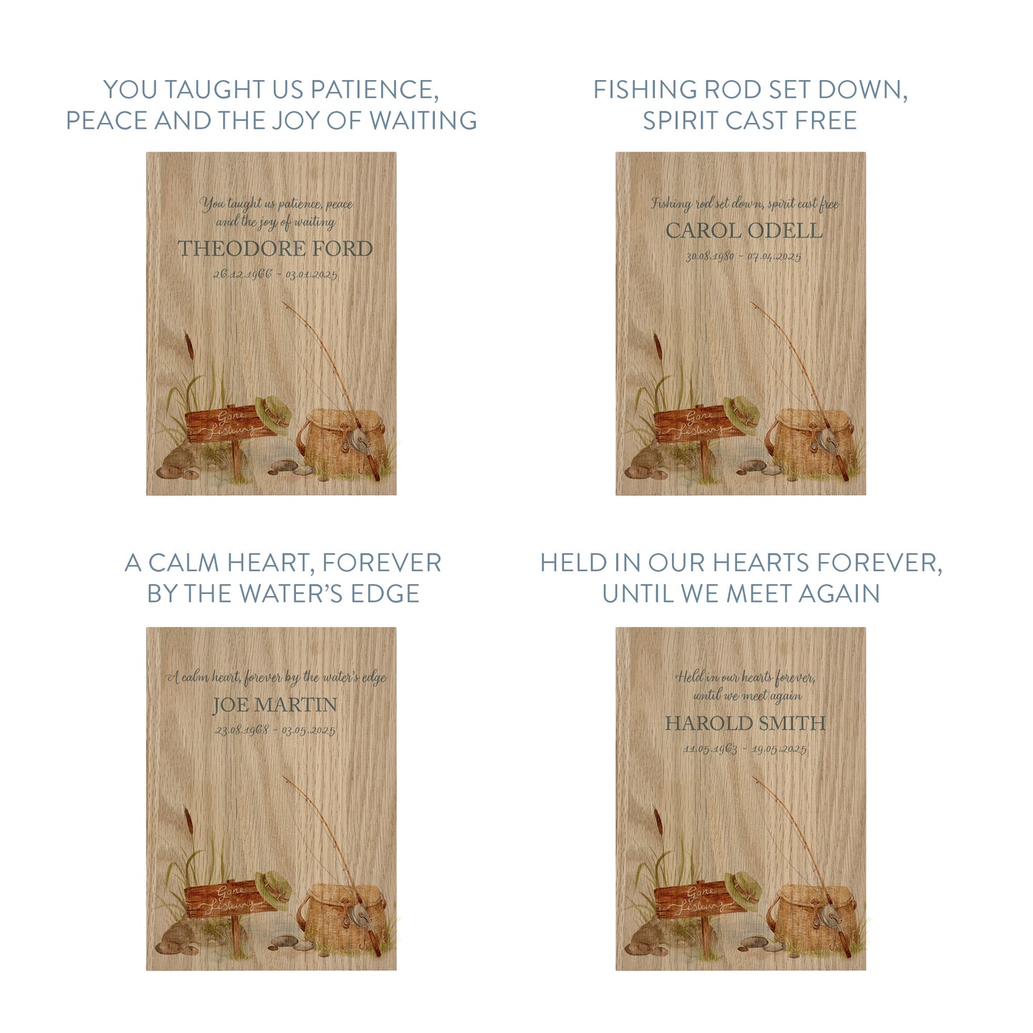 Memorial Solid Oak Photo Frame, personalise with your own message or select from our drop down selection. handmade watercolour paintings, this design features a fishing scene for the fishing lover, Perfect for Grandad, Dad, Uncle, Brother