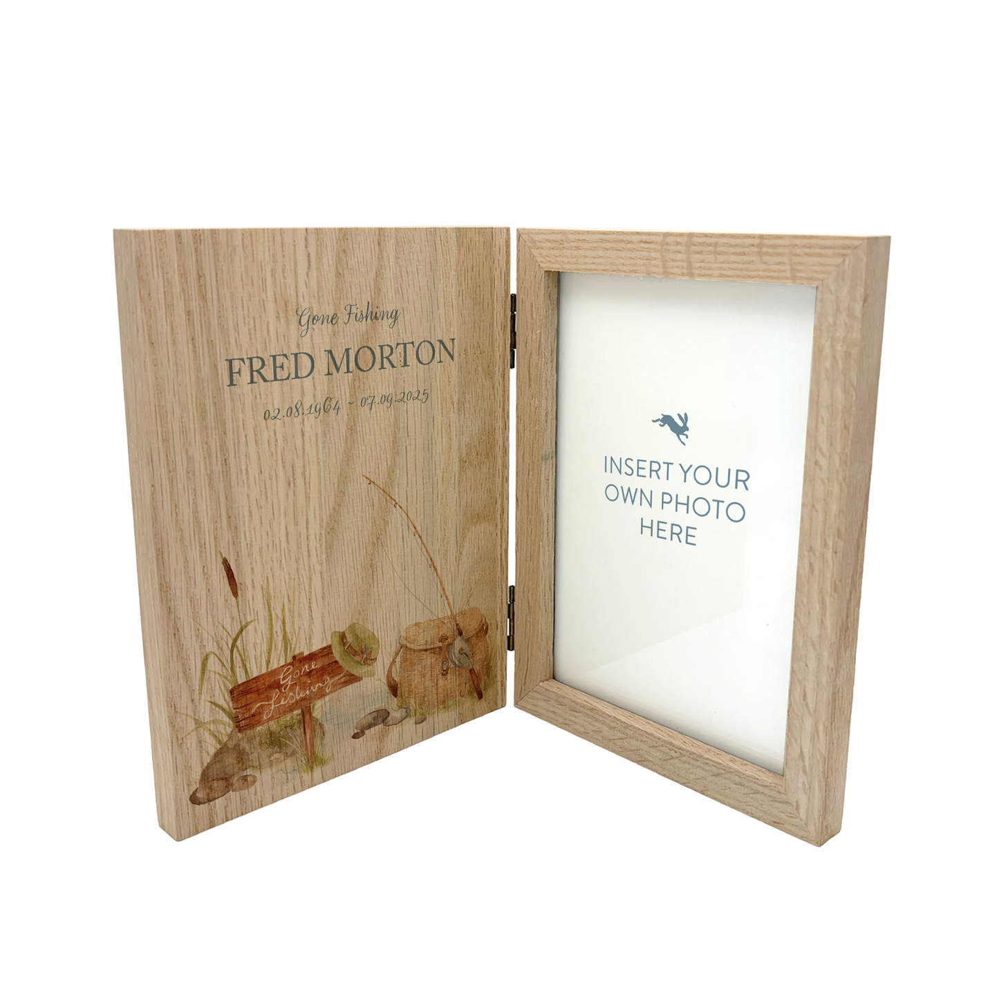 Memorial Solid Oak Photo Frame, personalise with your own message or select from our drop down selection. handmade watercolour paintings, this design features a fishing scene for the fishing lover, Perfect for Grandad, Dad, Uncle, Brother