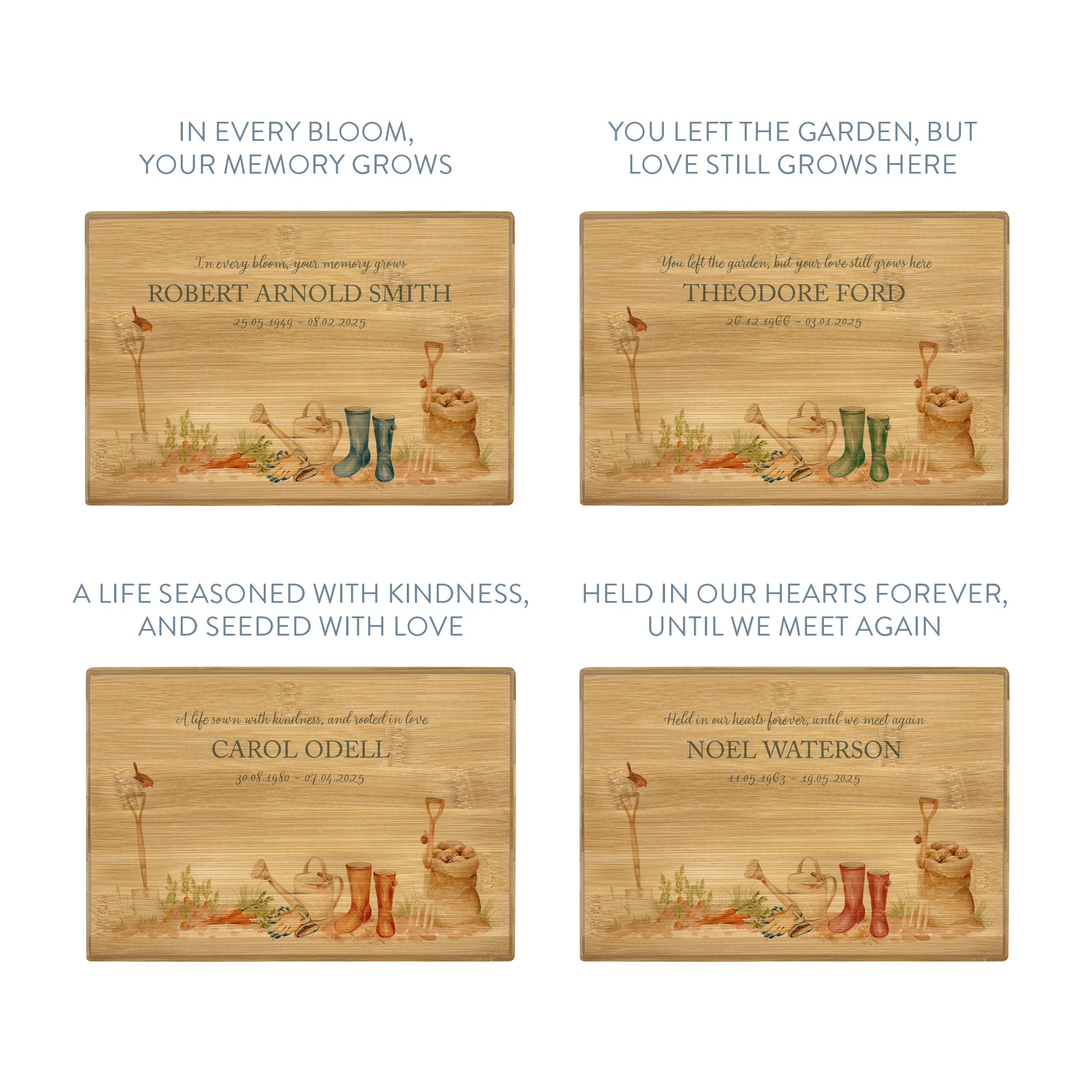 A beautifully crafted solid Bamboo wooden urn, personalised and finished with a soft watercolour design of a Gardening scene with wellies, vegetables and a robin sat on a spade. Perfect for the gardening lover Thoughtfully made for either display or burial, this personalised urn can be customised to create a meaningful memorial. Perfect for holding ashes of a loved one or a beloved pet, it serves as a comforting tribute and keepsake.