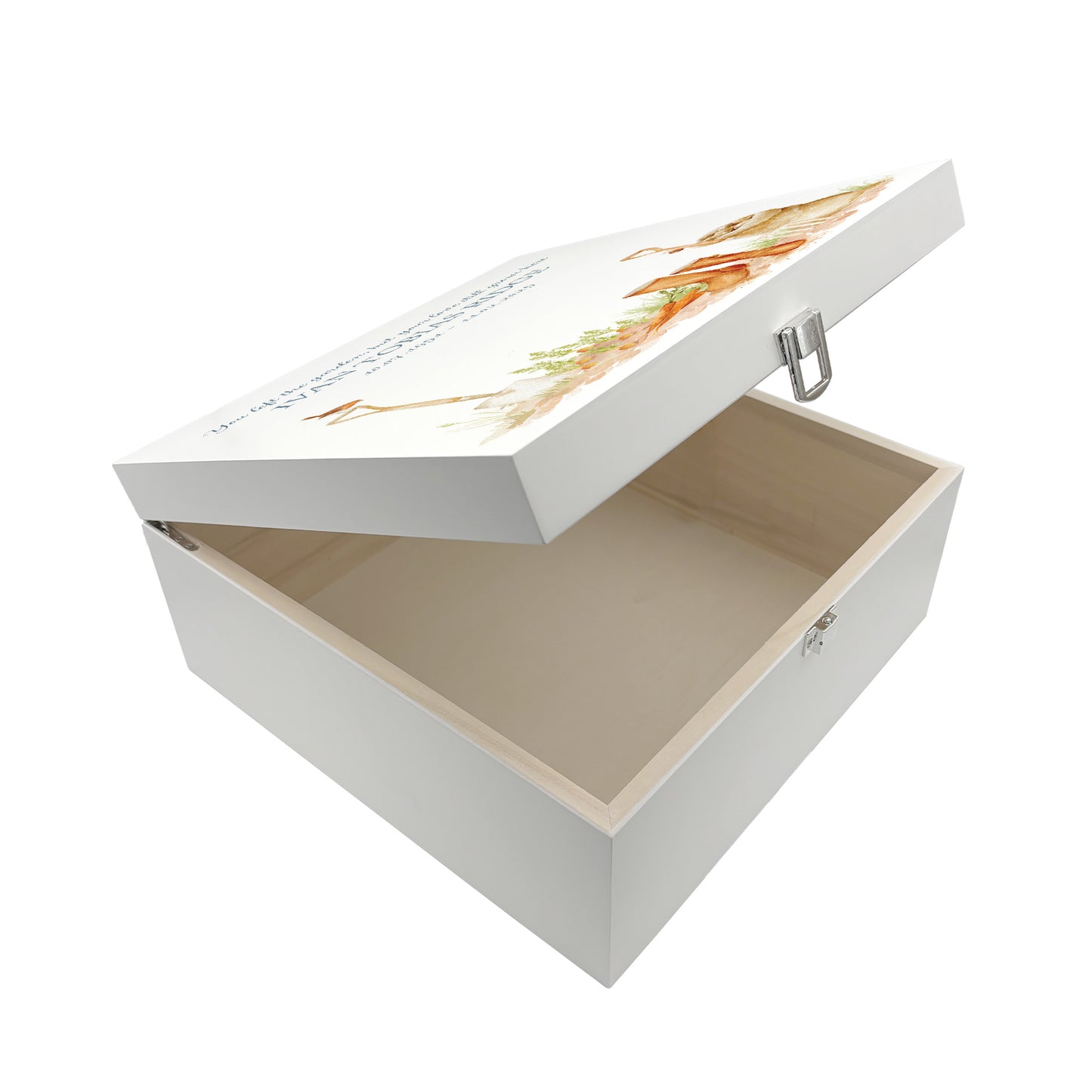 White Square personalised Wooden box with a decorative lid featuring illustrations of a Garden Scene, perfect for Granny, Mum, Grandma, Grandad, Dad who loved to be in the Garden Perfect funeral memory keepsake box, for storing ashes, order of service, flowers and capturing your loved ones things in one place.