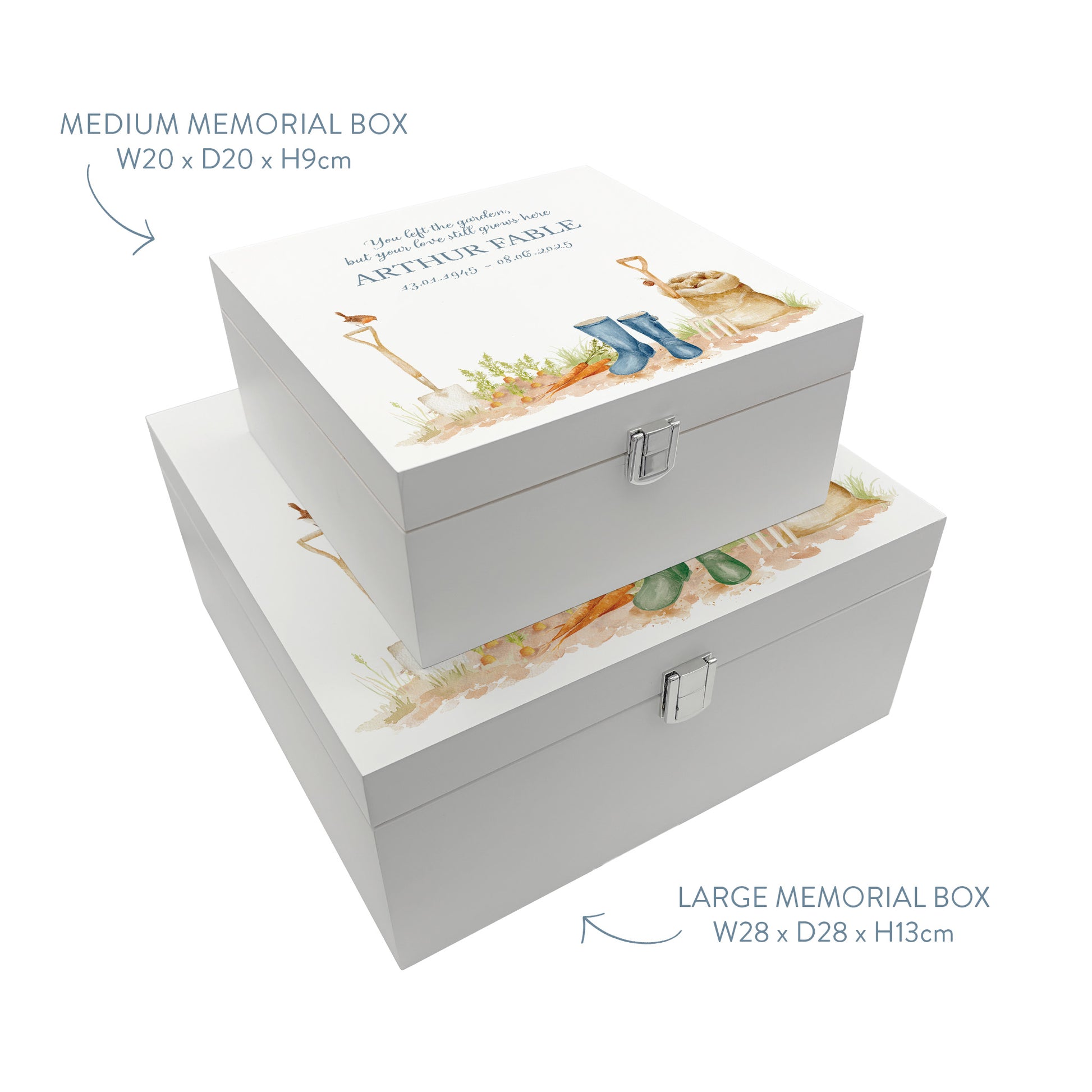 White Square personalised Wooden box with a decorative lid featuring illustrations of a Garden Scene, perfect for Granny, Mum, Grandma, Grandad, Dad who loved to be in the Garden  Perfect funeral memory keepsake box, for storing ashes, order of service, flowers and capturing your loved ones things in one place.
