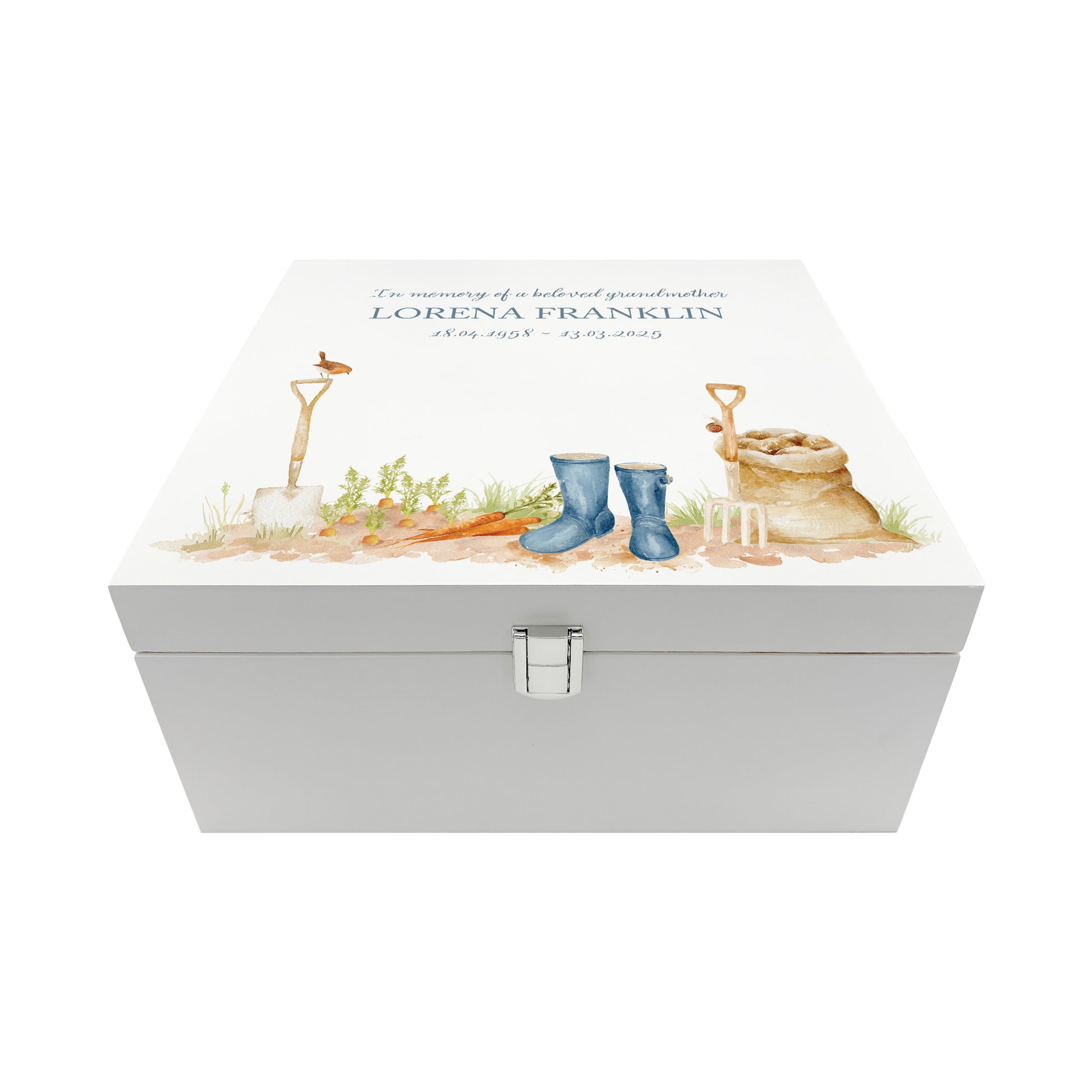 White Square personalised Wooden box with a decorative lid featuring illustrations of a Garden Scene, perfect for Granny, Mum, Grandma, Grandad, Dad who loved to be in the Garden  Perfect funeral memory keepsake box, for storing ashes, order of service, flowers and capturing your loved ones things in one place.