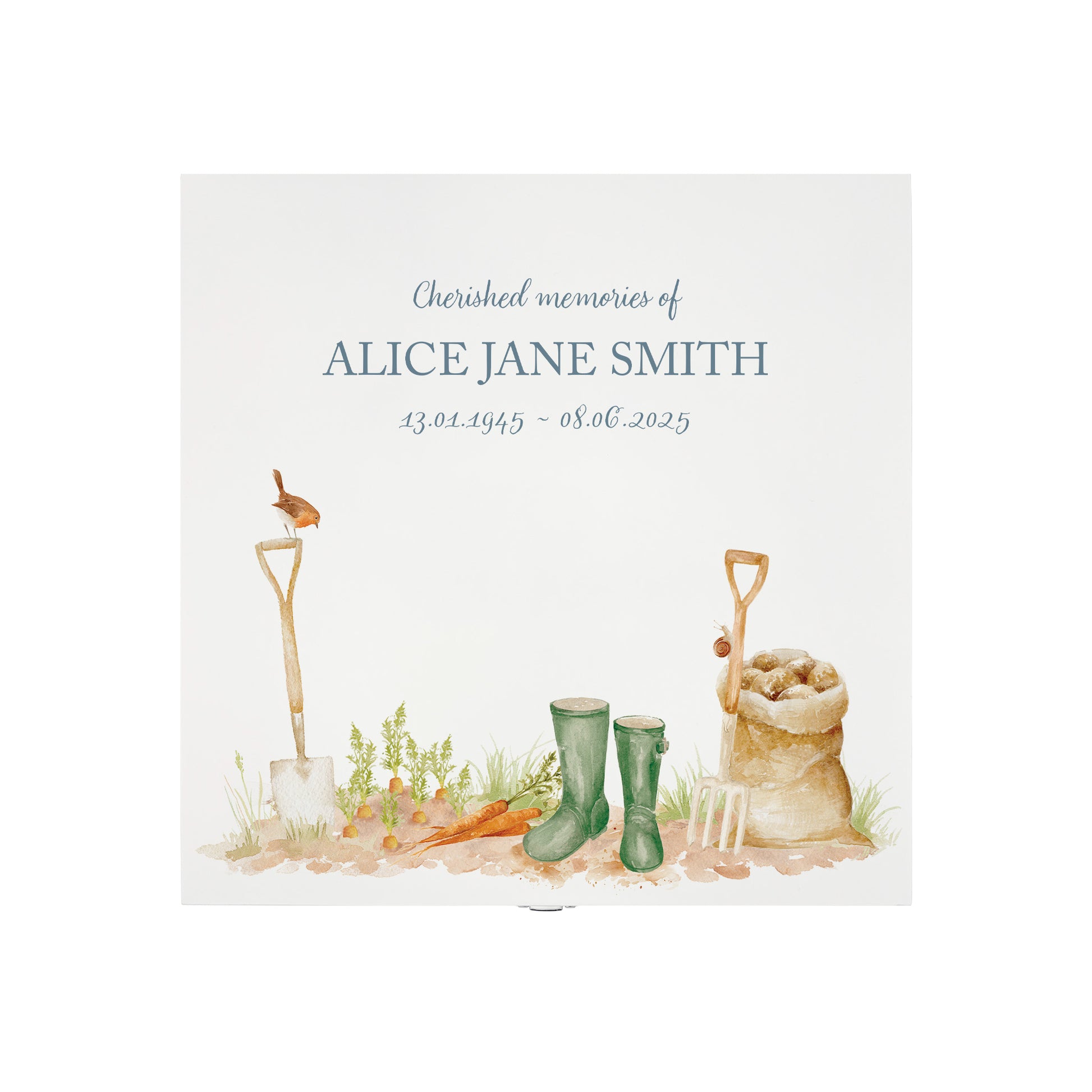 White Square personalised Wooden box with a decorative lid featuring illustrations of a Garden Scene, perfect for Granny, Mum, Grandma, Grandad, Dad who loved to be in the Garden  Perfect funeral memory keepsake box, for storing ashes, order of service, flowers and capturing your loved ones things in one place.