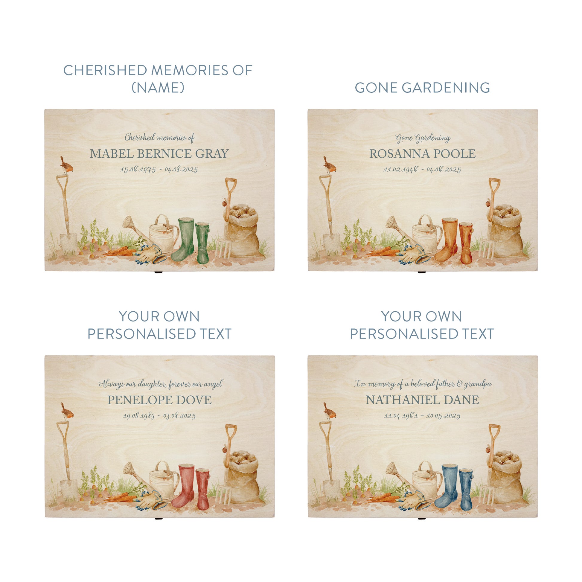 Wooden box with a decorative lid featuring illustrations of a Garden Scene available with personalising your colour wellies, perfect for mum, daughter, nan, sister and Grandad, Perfect funeral memory keepsake box, for storing ashes, order of service, flowers. capturing your loved ones favourite hobby