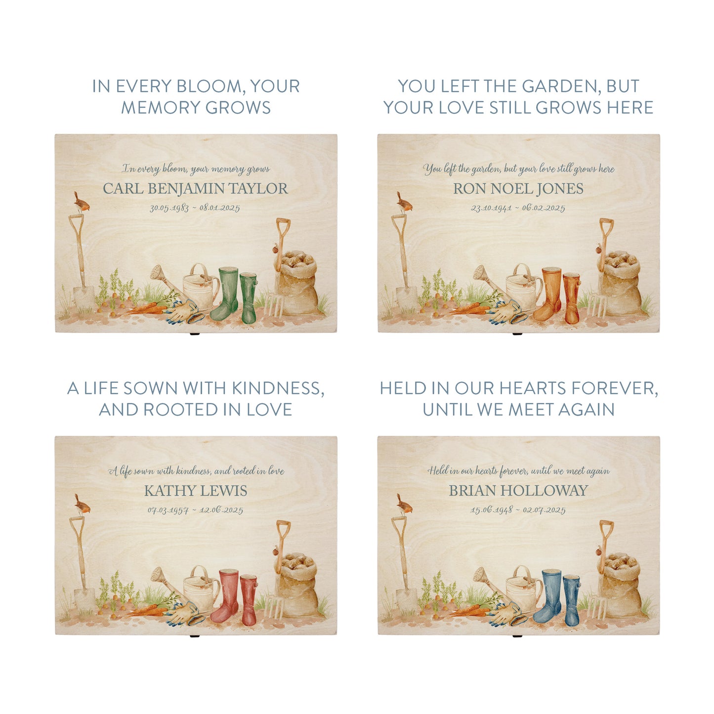 Wooden box with a decorative lid featuring illustrations of a Garden Scene available with personalising your colour wellies, perfect for mum, daughter, nan, sister and Grandad, Perfect funeral memory keepsake box, for storing ashes, order of service, flowers. capturing your loved ones favourite hobby