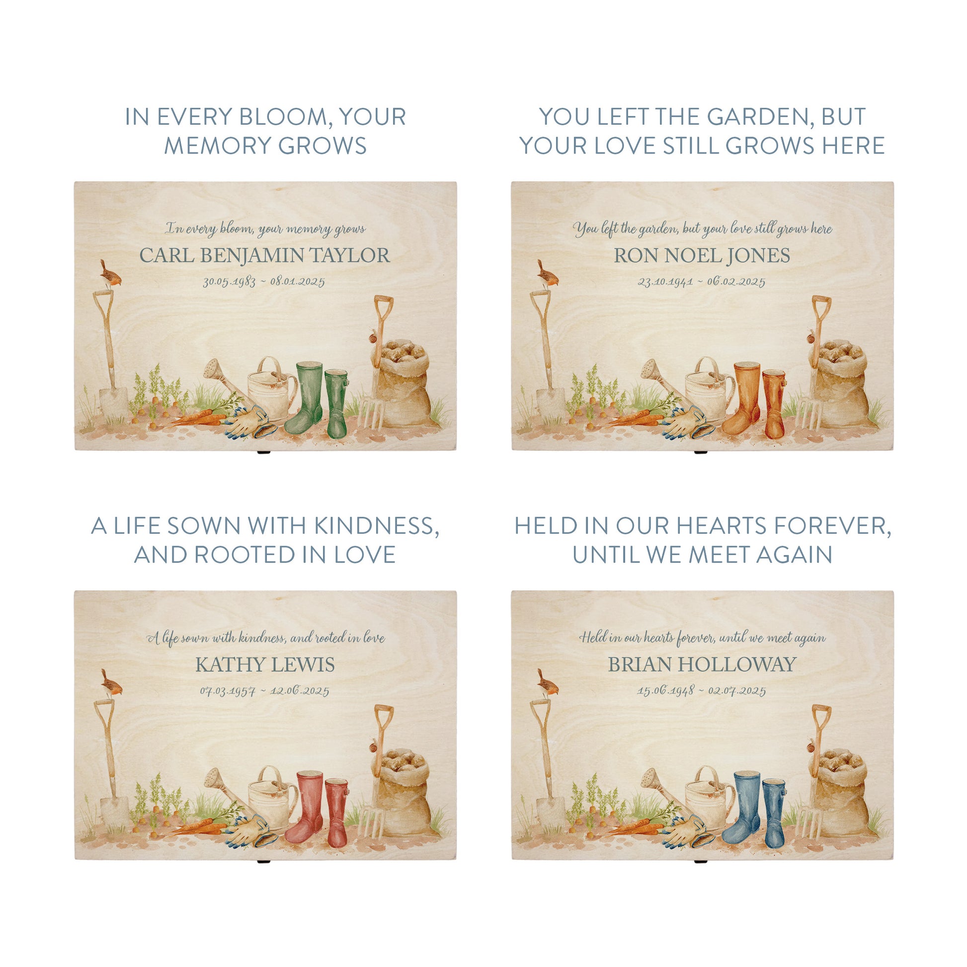 Wooden box with a decorative lid featuring illustrations of a Garden Scene available with personalising your colour wellies, perfect for mum, daughter, nan, sister and Grandad, Perfect funeral memory keepsake box, for storing ashes, order of service, flowers. capturing your loved ones favourite hobby